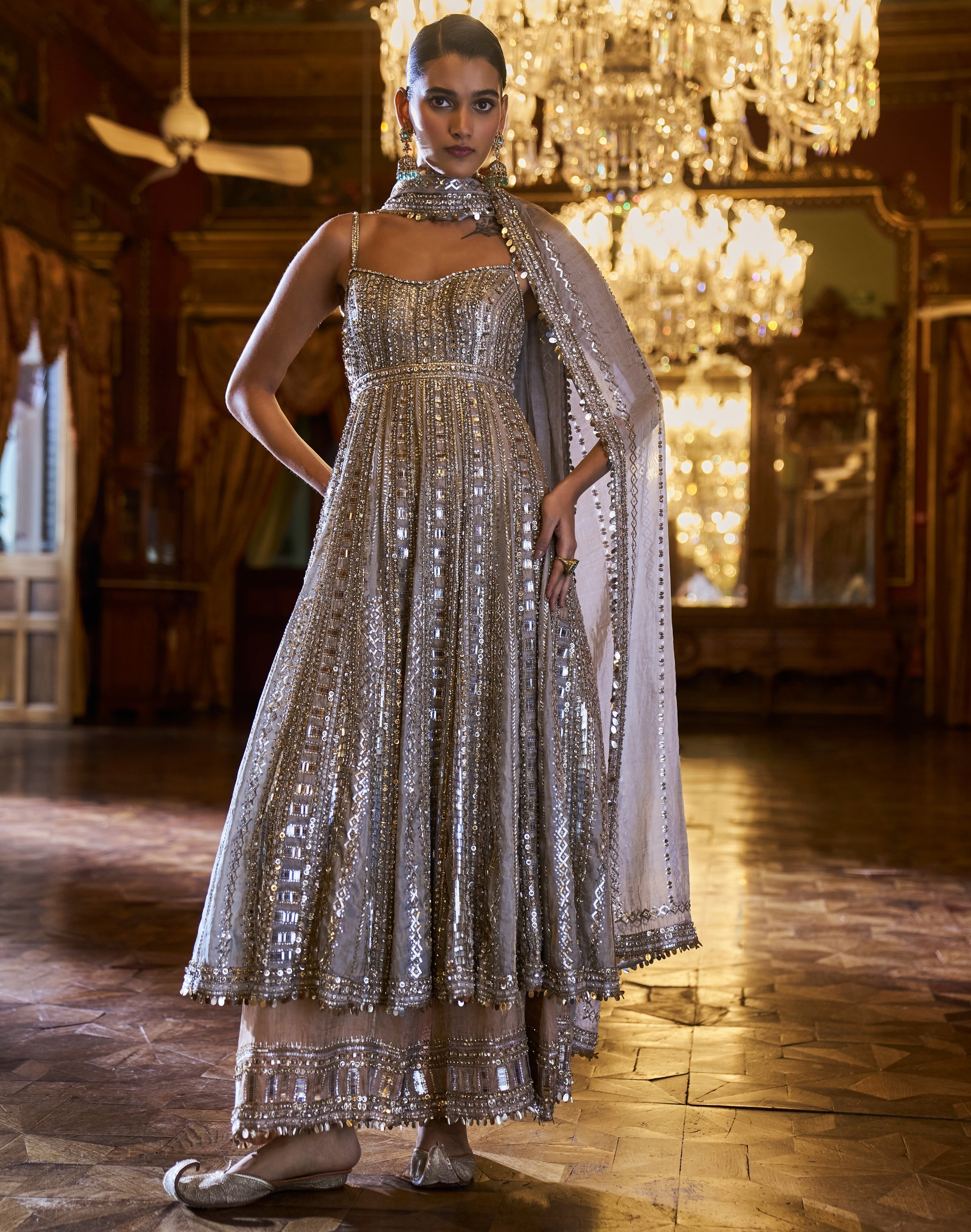 Falaknuma Silver Gold Tissue Anarkali Set