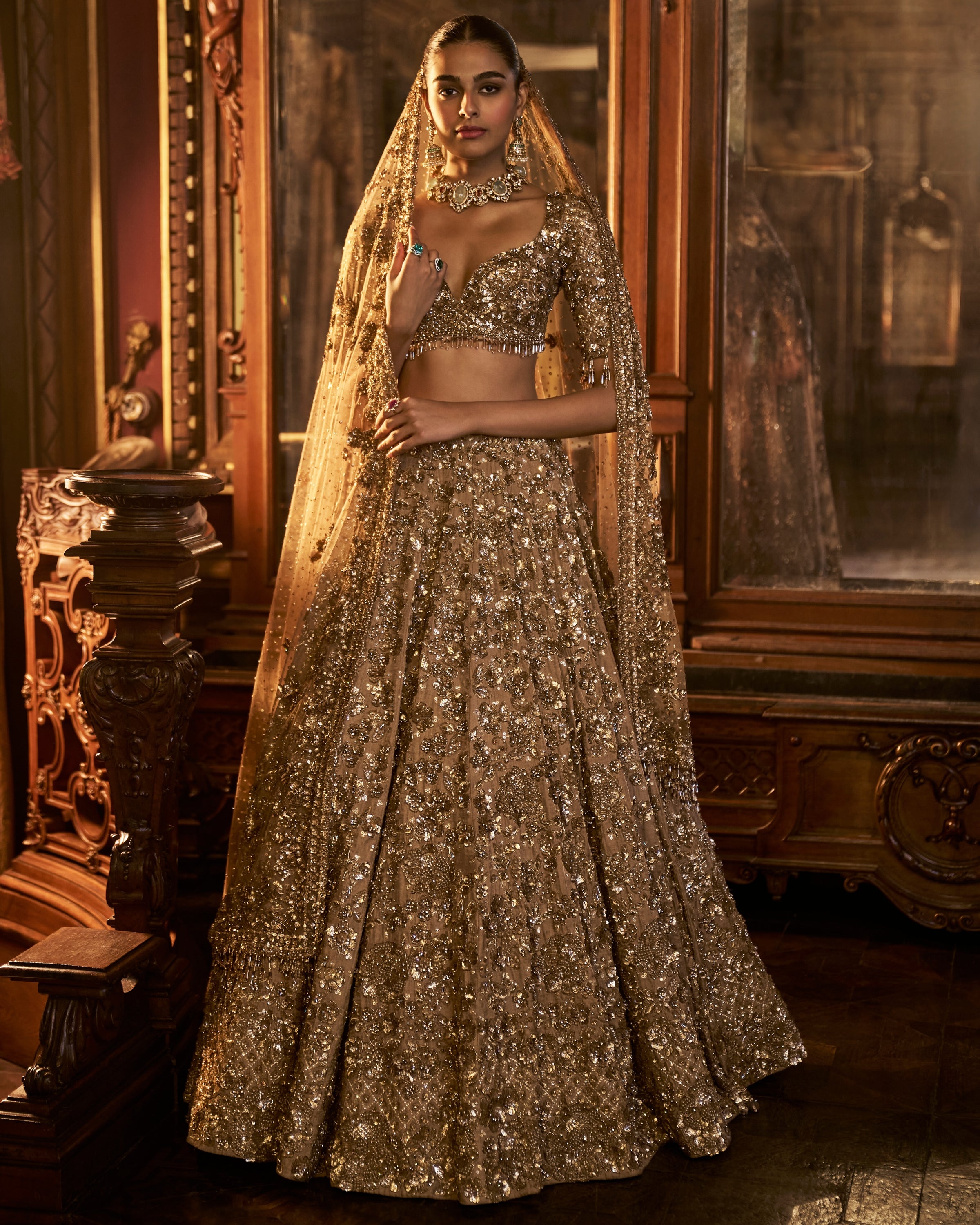 Falaknuma Antique Gold Tissue Lehenga Set | Seema Gujral KYNAH Falaknuma Antique Gold Tissue Lehenga Set | Seema Gujral KYNAH