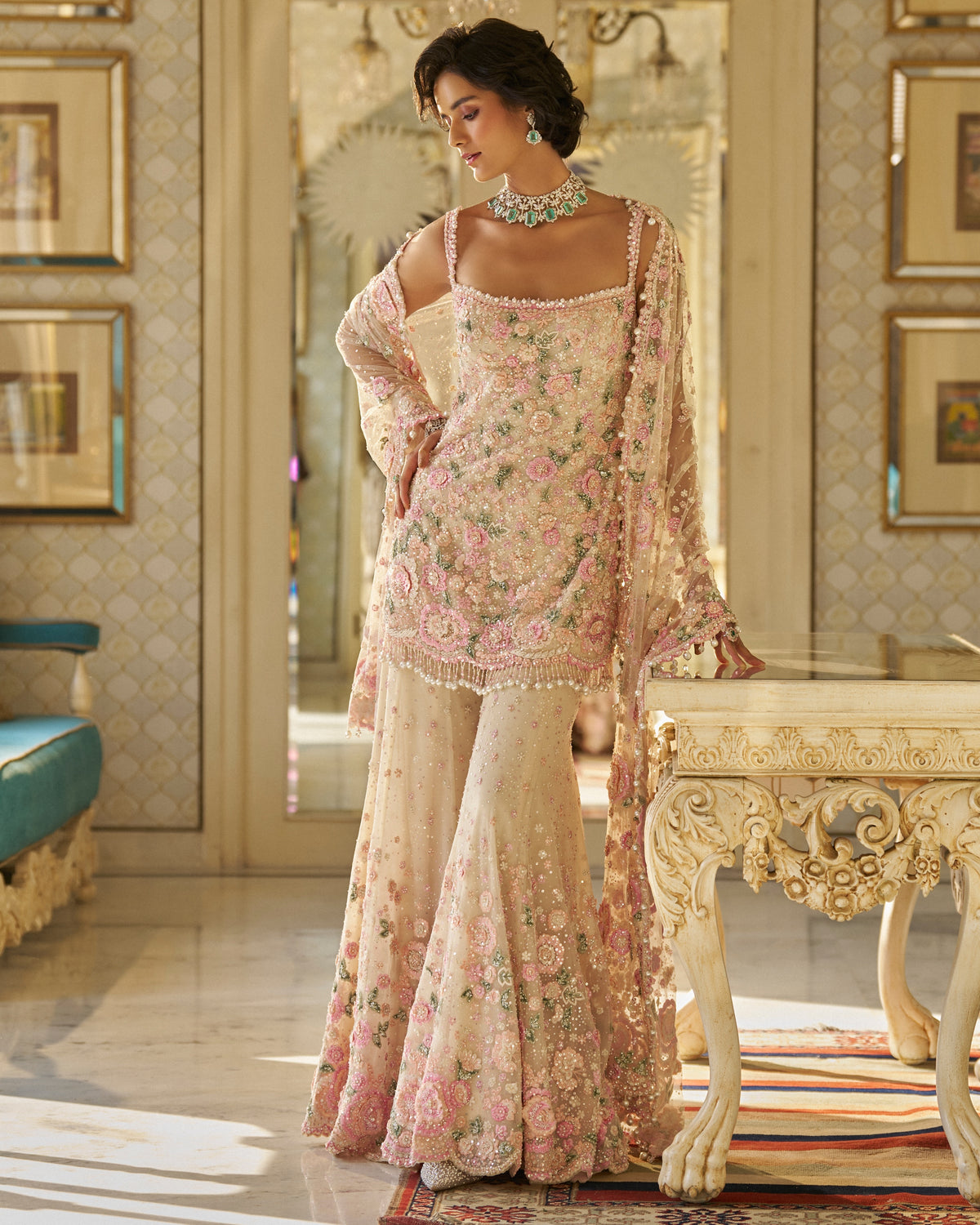 Fiori Nude Multi-Coloured Three-Dimensional Sharara Set