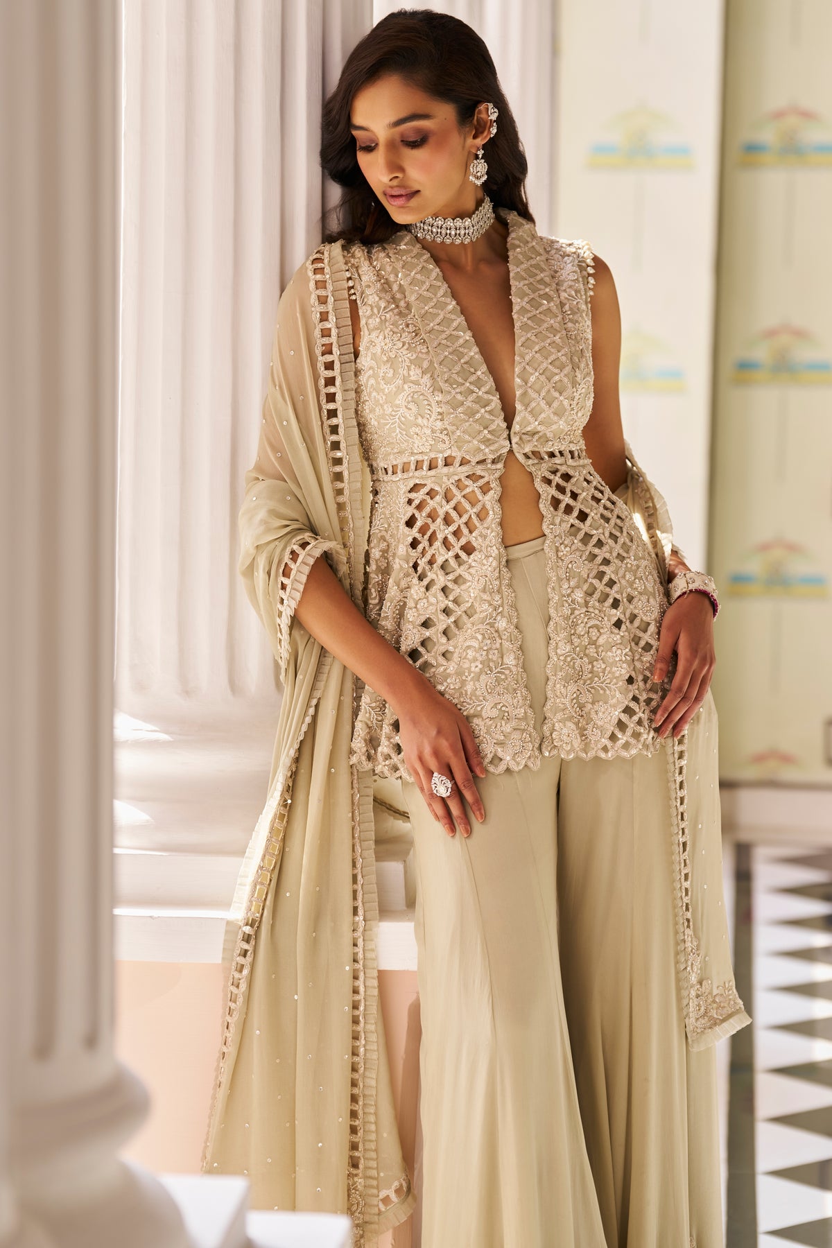 Fiori Mint Green Cut Work Sharara Set