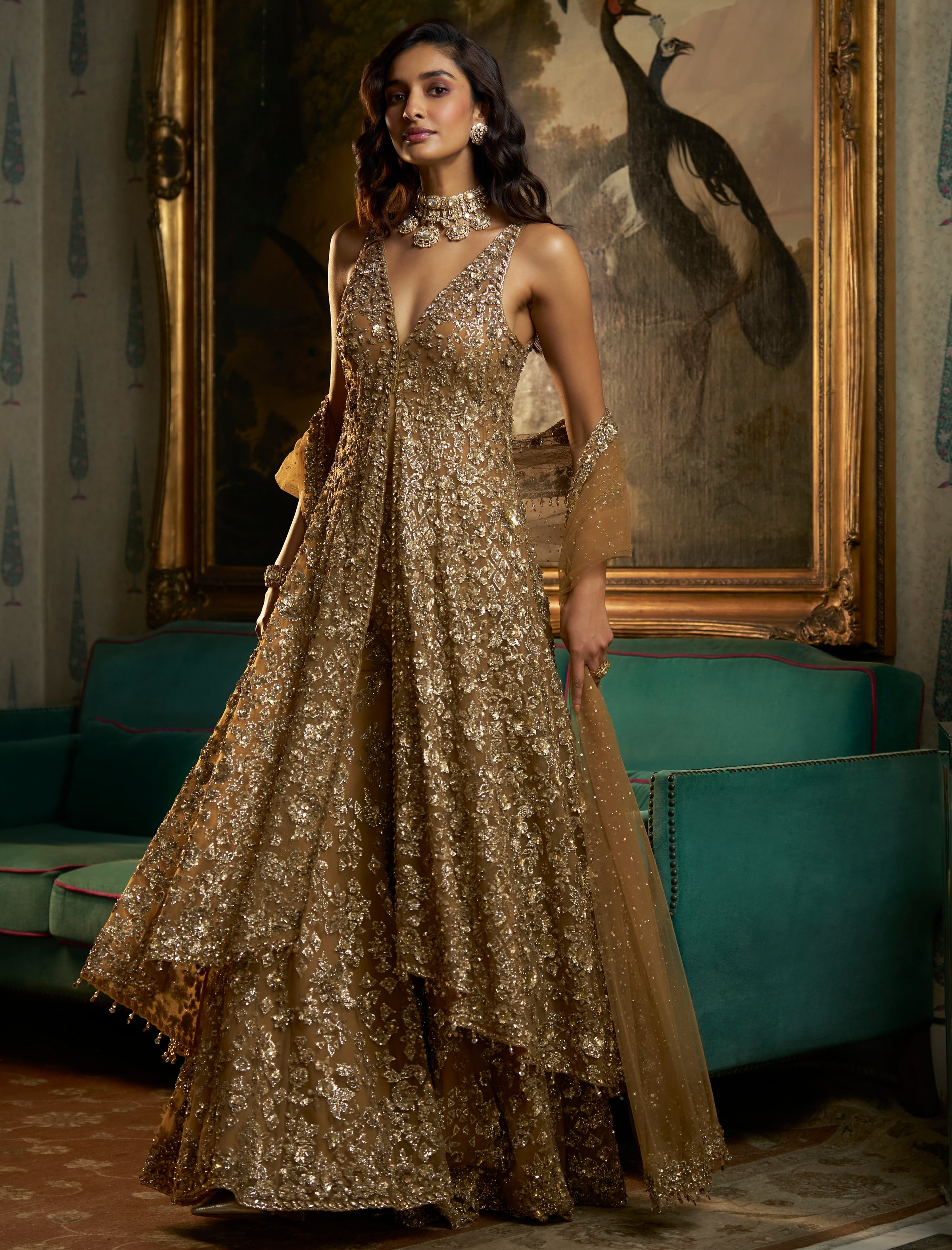 Fiori Antique Gold High-Low Sharara Set | Seema Gujral KYNAH Fiori Antique Gold High-Low Sharara Set | Seema Gujral KYNAH