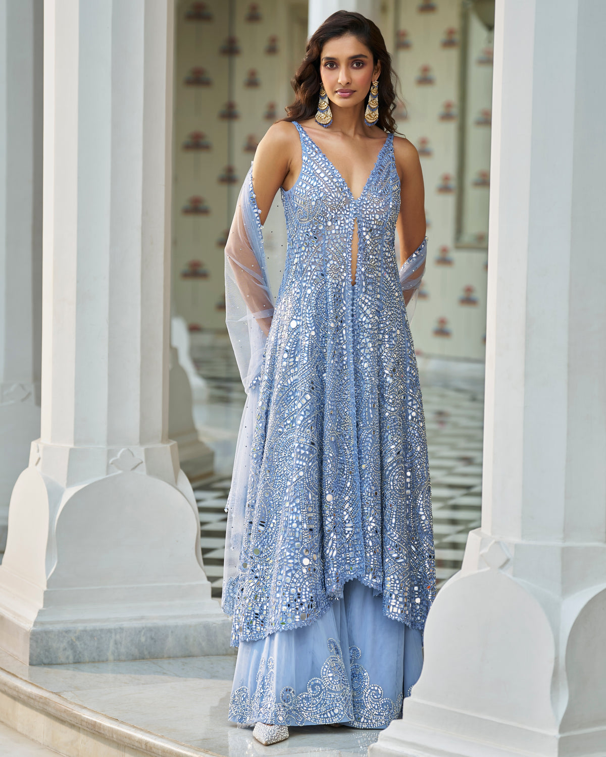 Fiori Blue Mirror Work Jacket Sharara Set