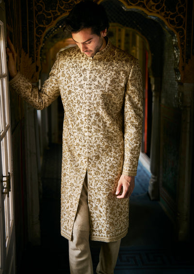 Vows Beige Zardosi Sherwani Set