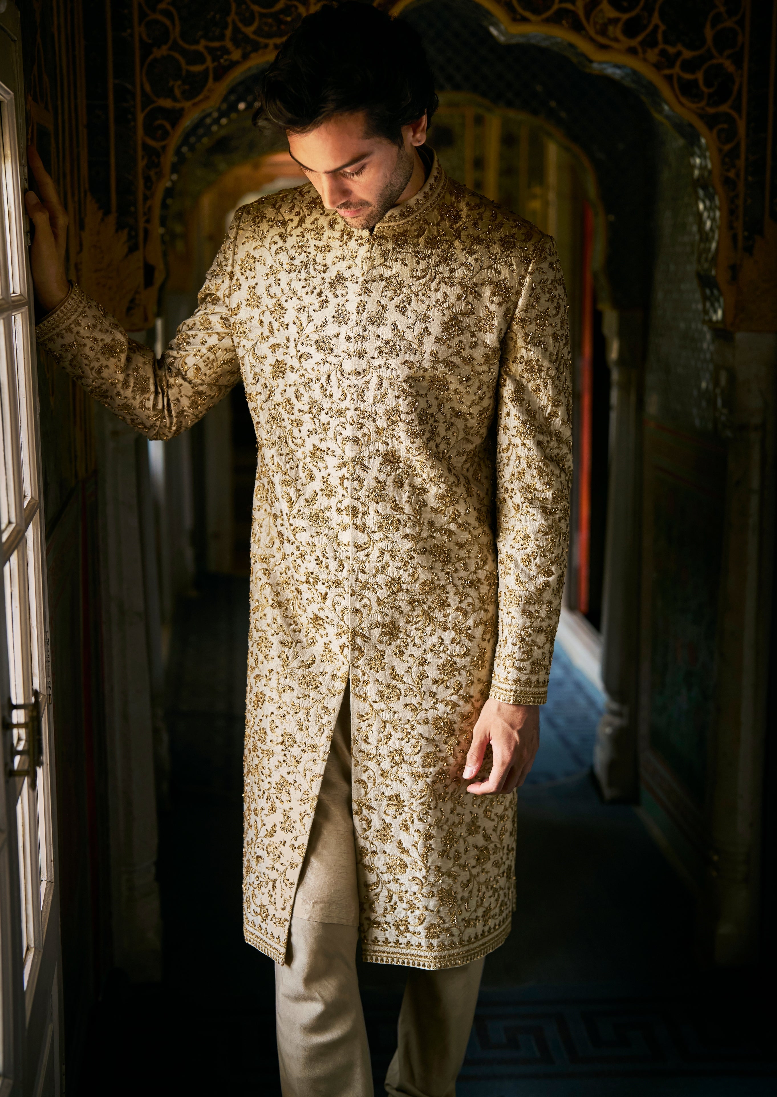 Vows Beige Zardosi Sherwani Set