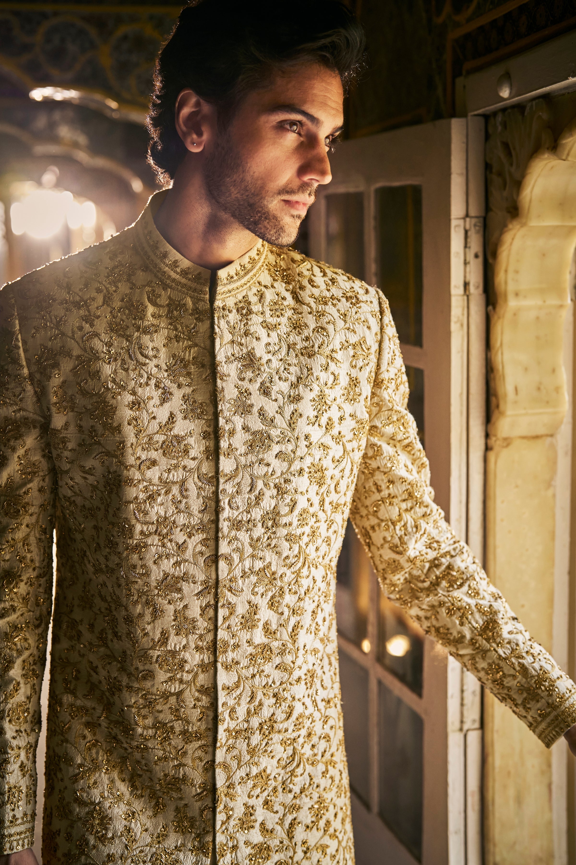 Vows Beige Zardosi Sherwani Set
