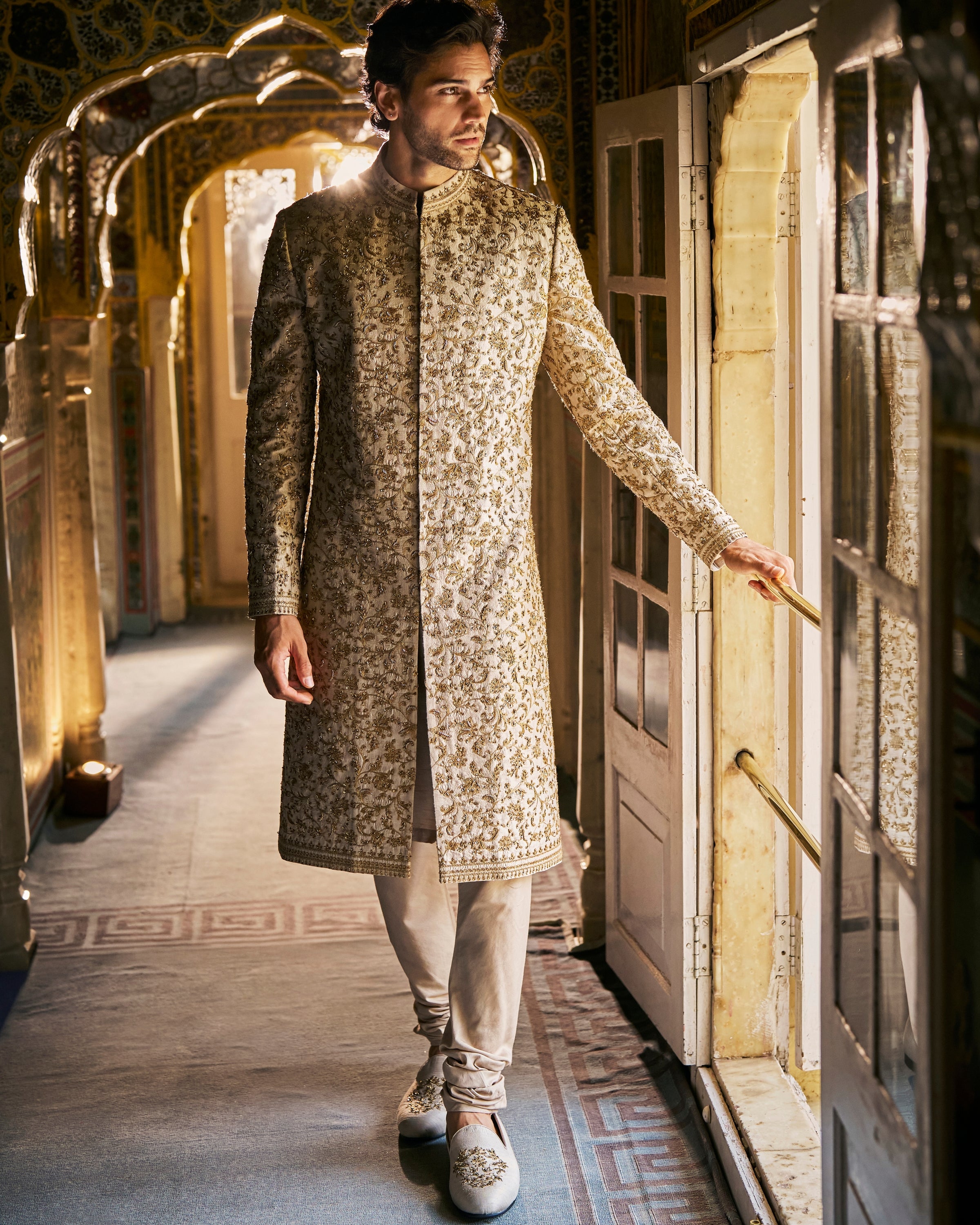 Vows Beige Zardosi Sherwani Set