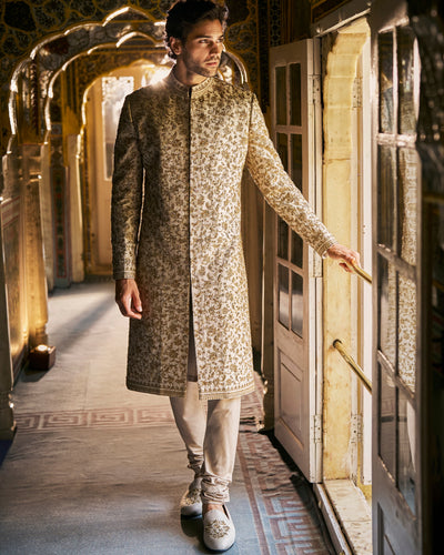 Vows Beige Zardosi Sherwani Set