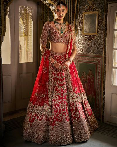 Red Vows Crystal Zardosi Lehenga Set
