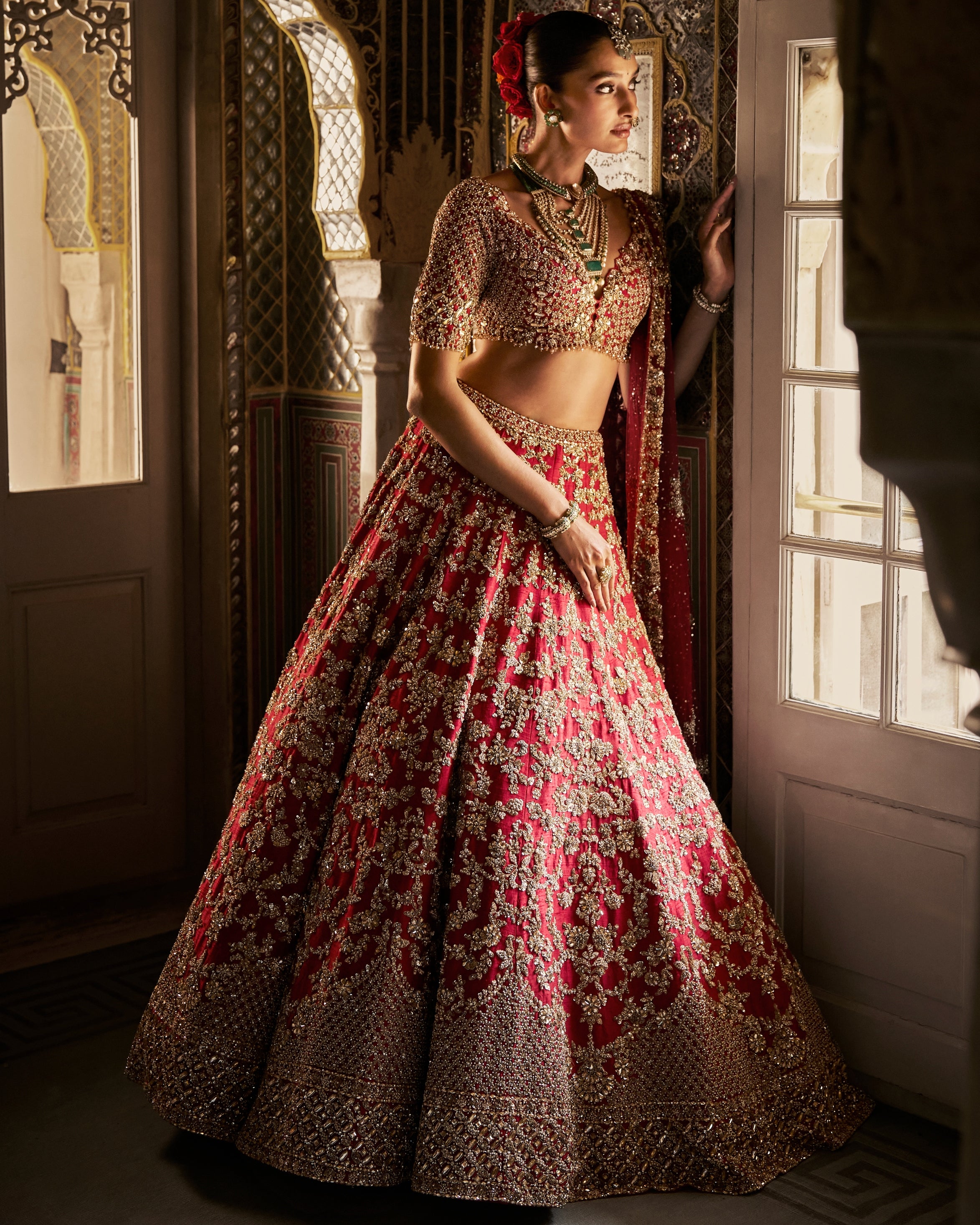 Red Vows Crystal Zardosi Lehenga Set