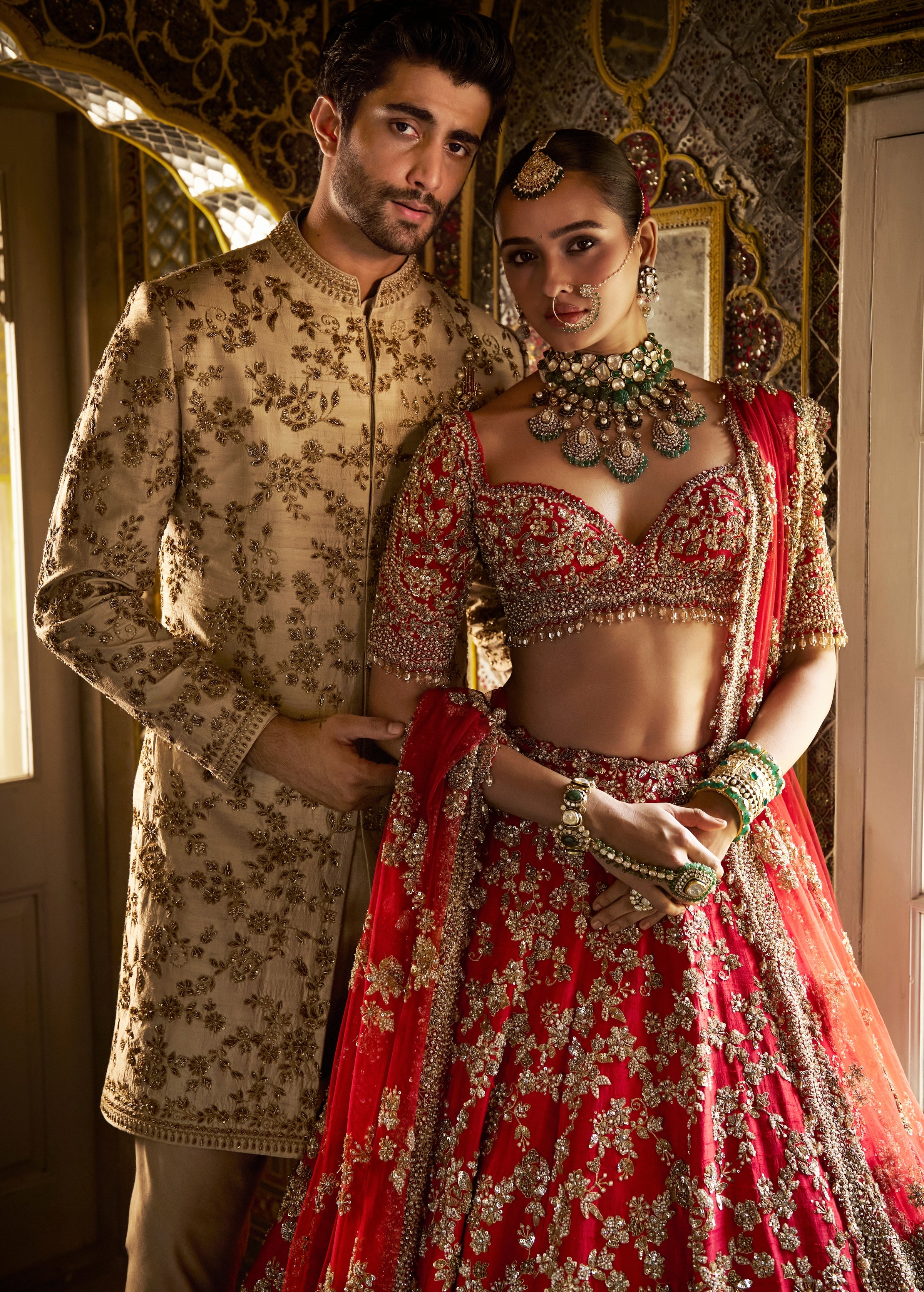 Vows Beige Zardosi Short Sherwani Set