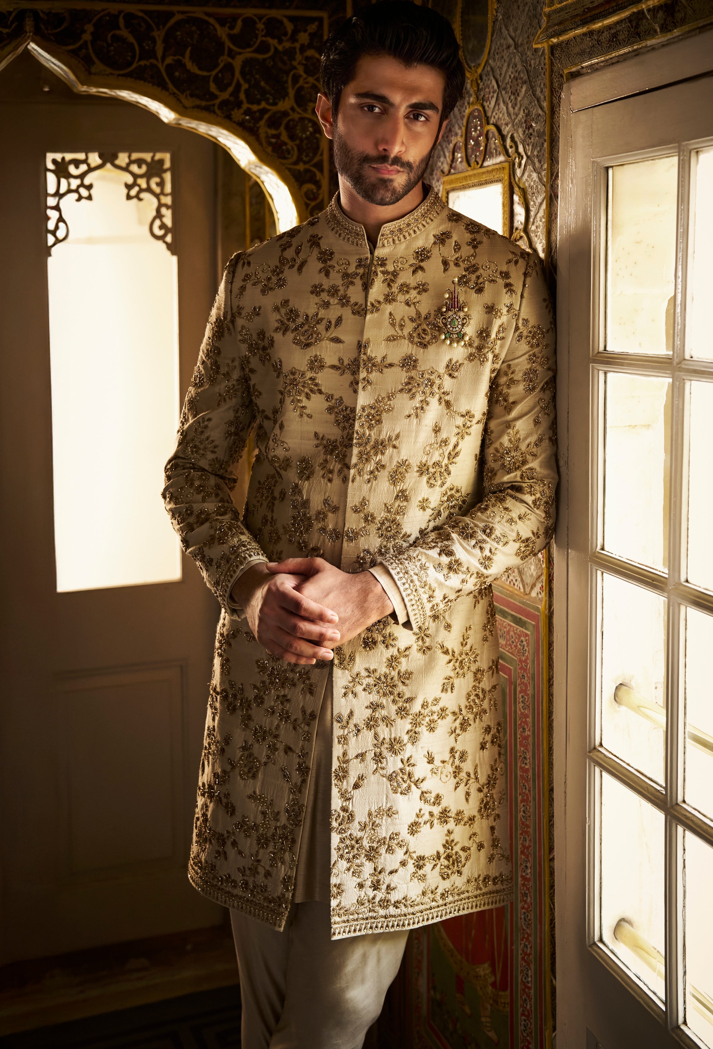 Vows Beige Zardosi Short Sherwani Set