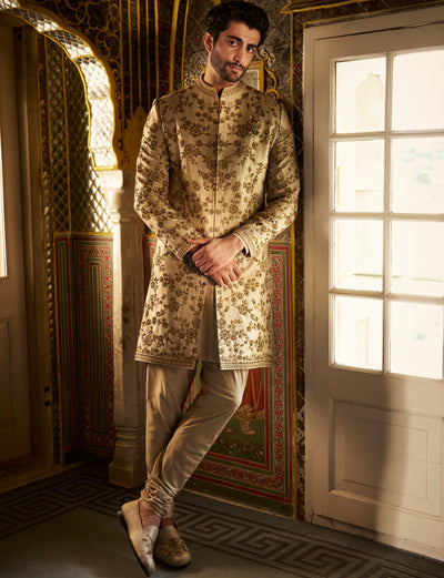 Vows Beige Zardosi Short Sherwani Set