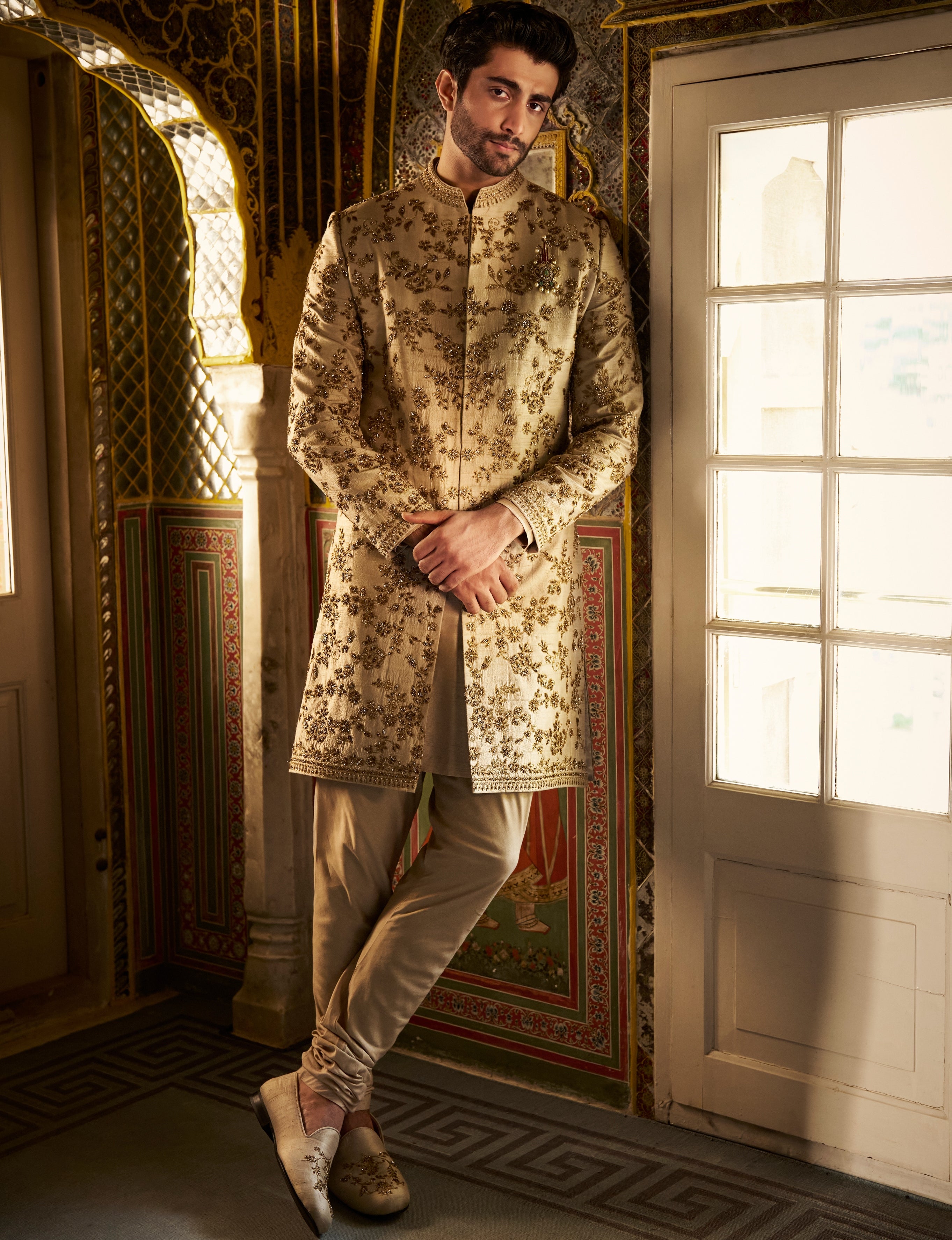Vows Beige Zardosi Short Sherwani Set