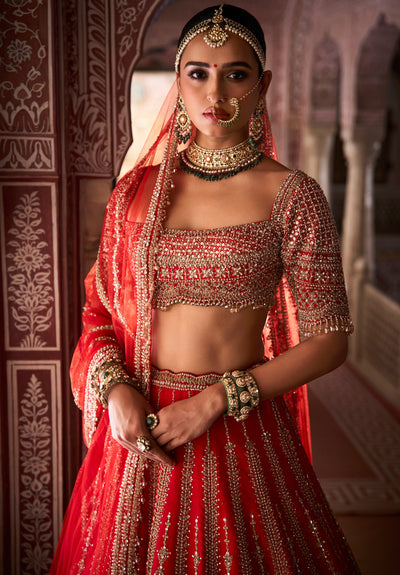 Red Vows Zardosi Panel Lehenga Set