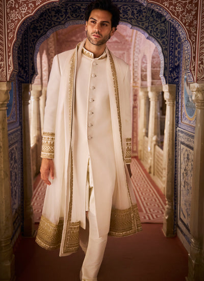 Vows Ivory Gold Matka Silk Sherwani Set