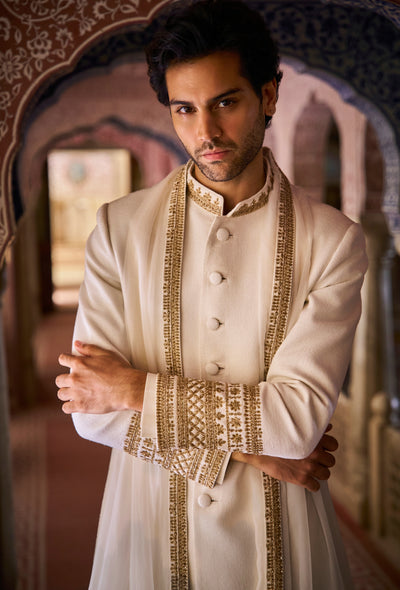 Vows Ivory Gold Matka Silk Sherwani Set