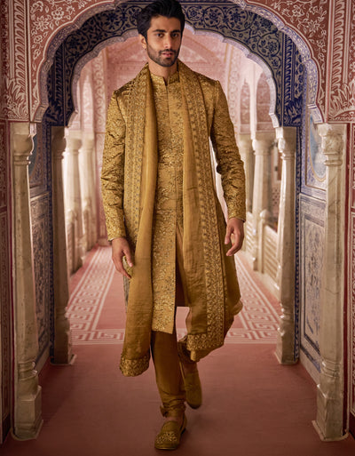 Vows Antique Gold Embroidered Sherwani Set