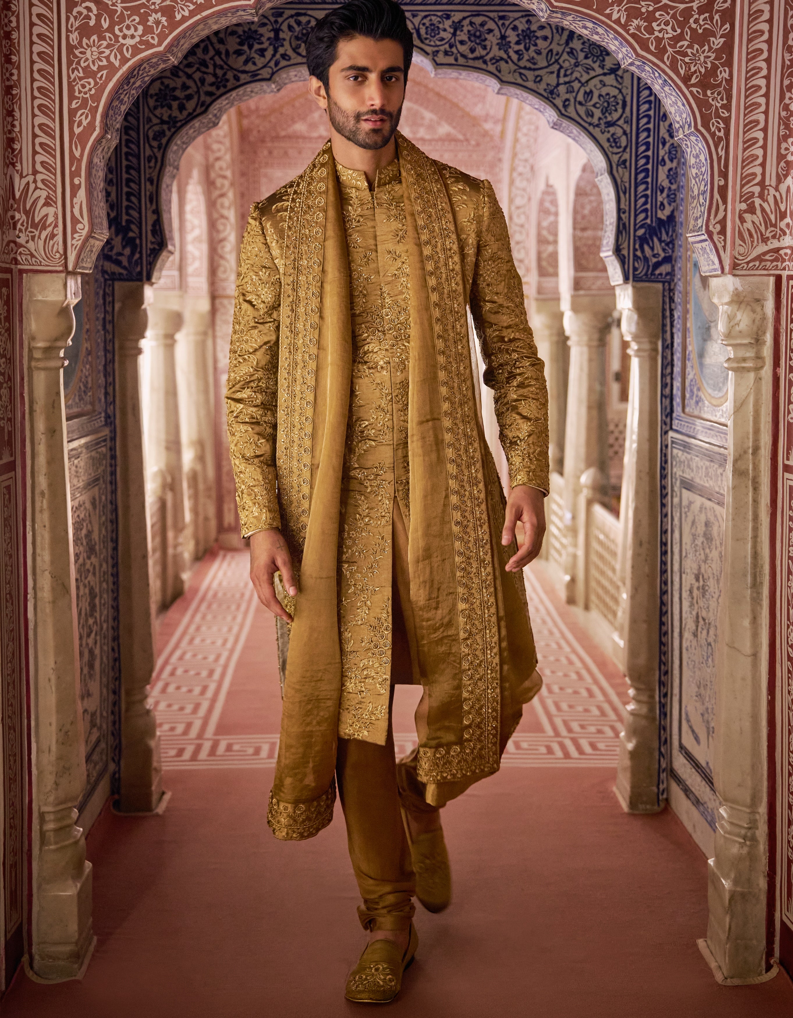 Vows Antique Gold Embroidered Sherwani Set