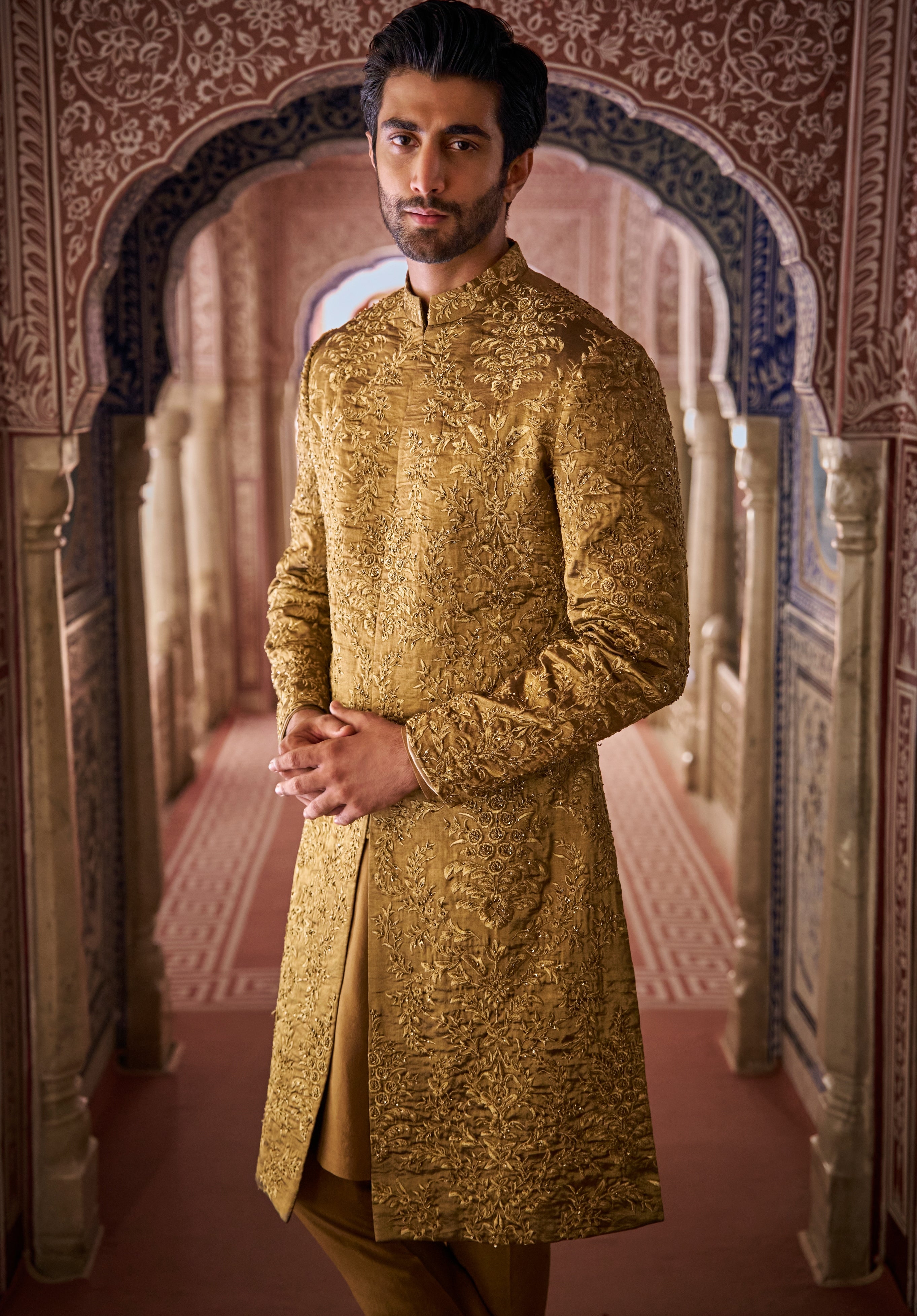 Vows Antique Gold Embroidered Sherwani Set