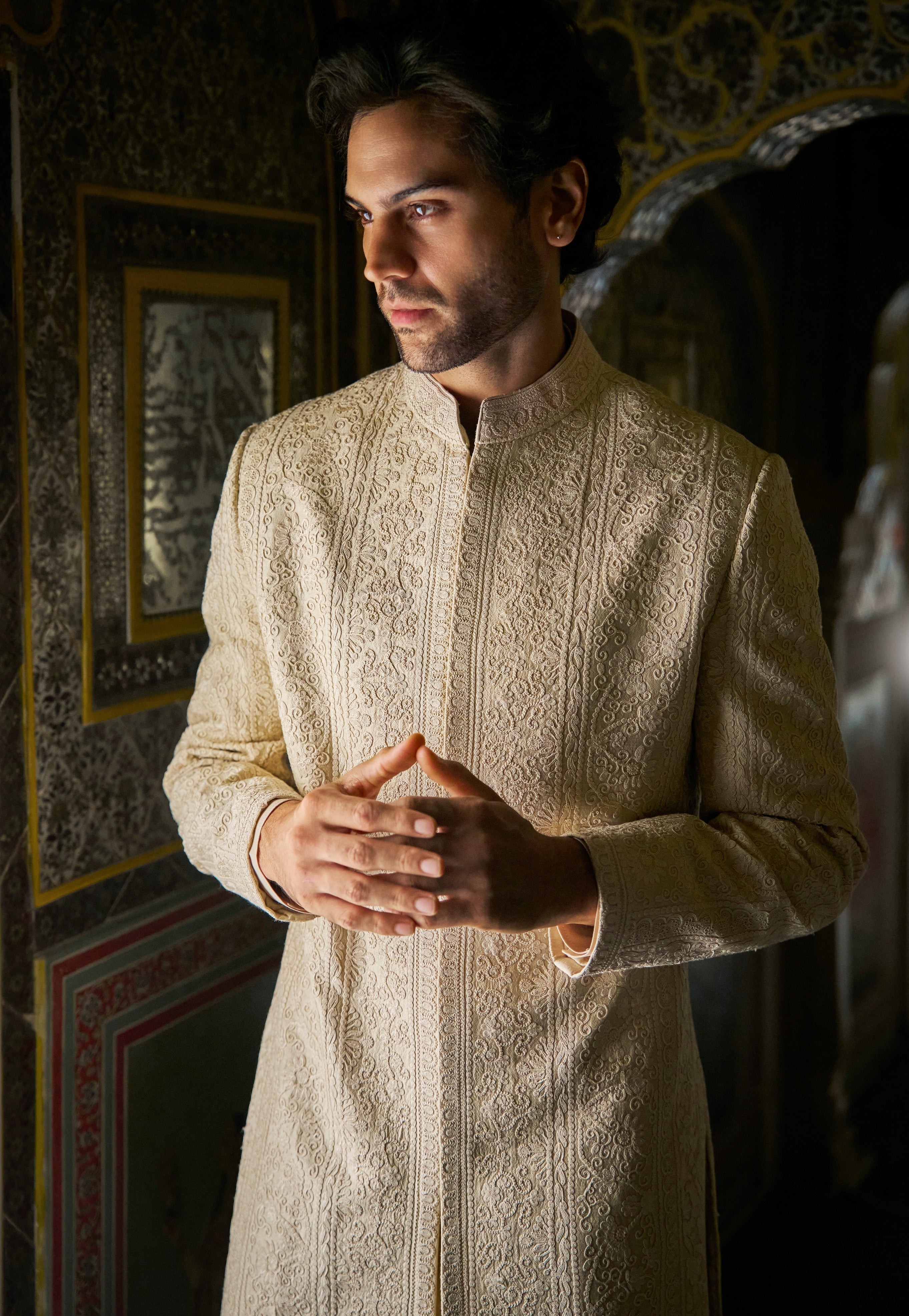 Vows Champagne Thread Work Sherwani Set