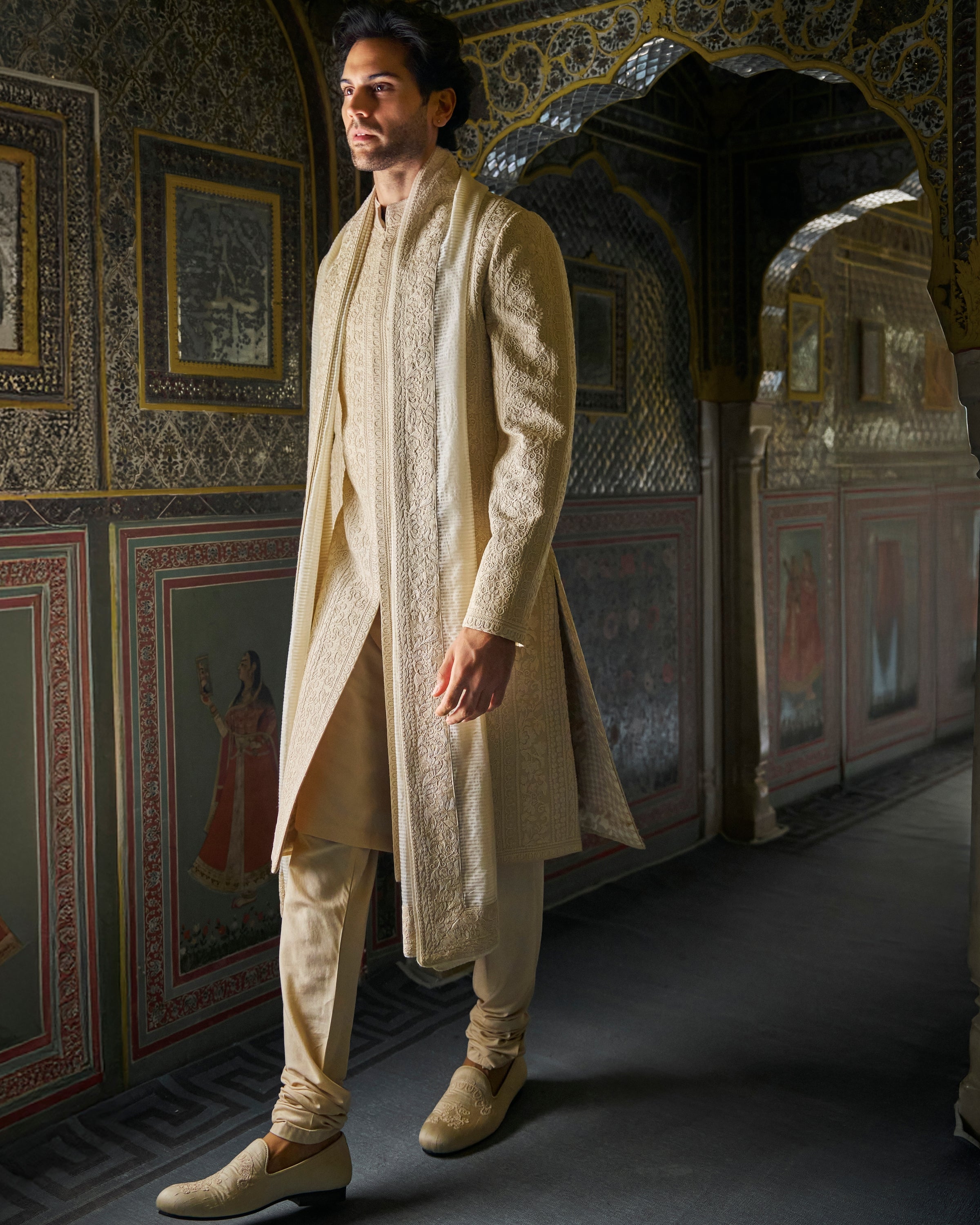 Vows Champagne Thread Work Sherwani Set