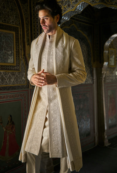 Vows Champagne Thread Work Sherwani Set