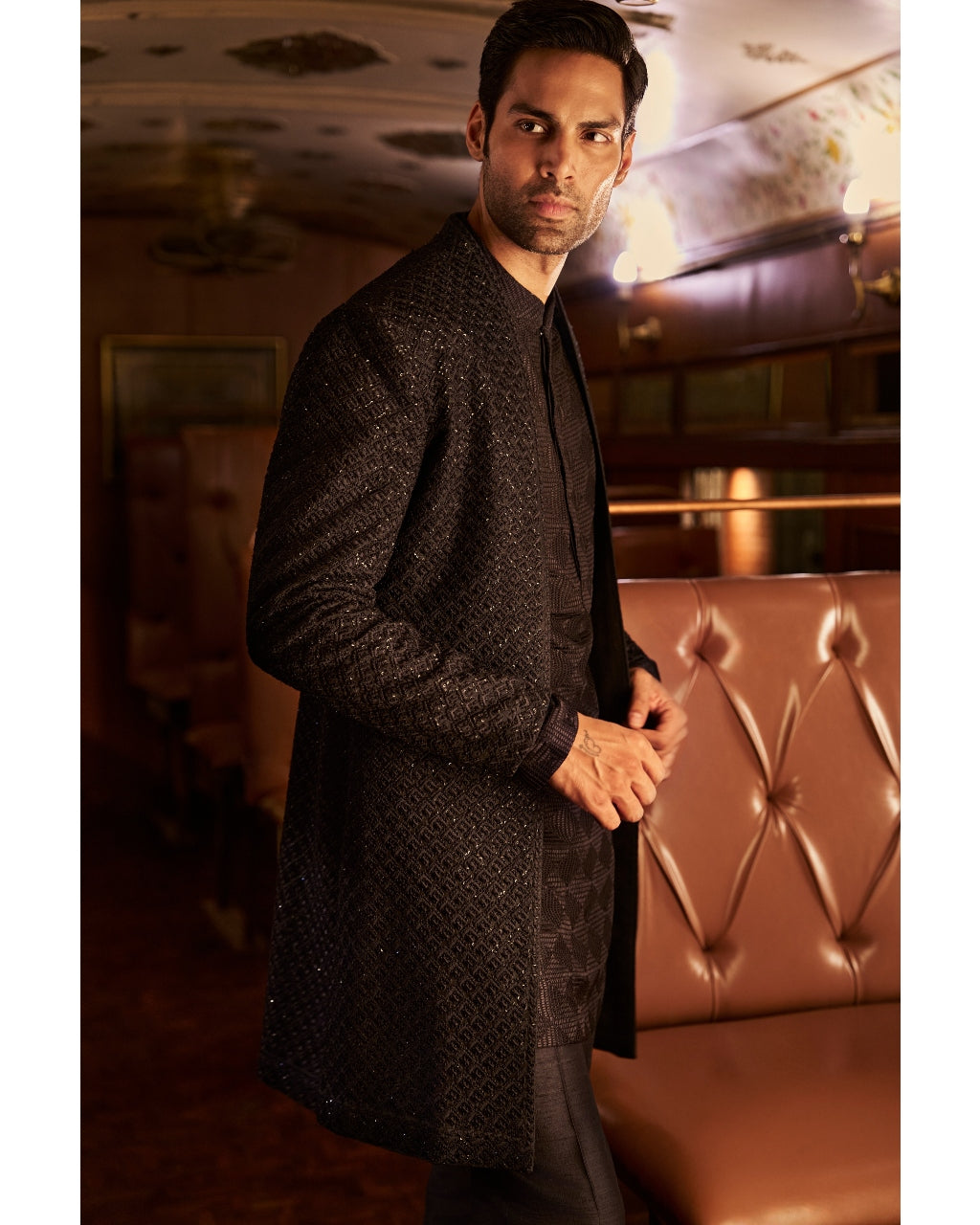 Navy Thread Work Open Sherwani Set