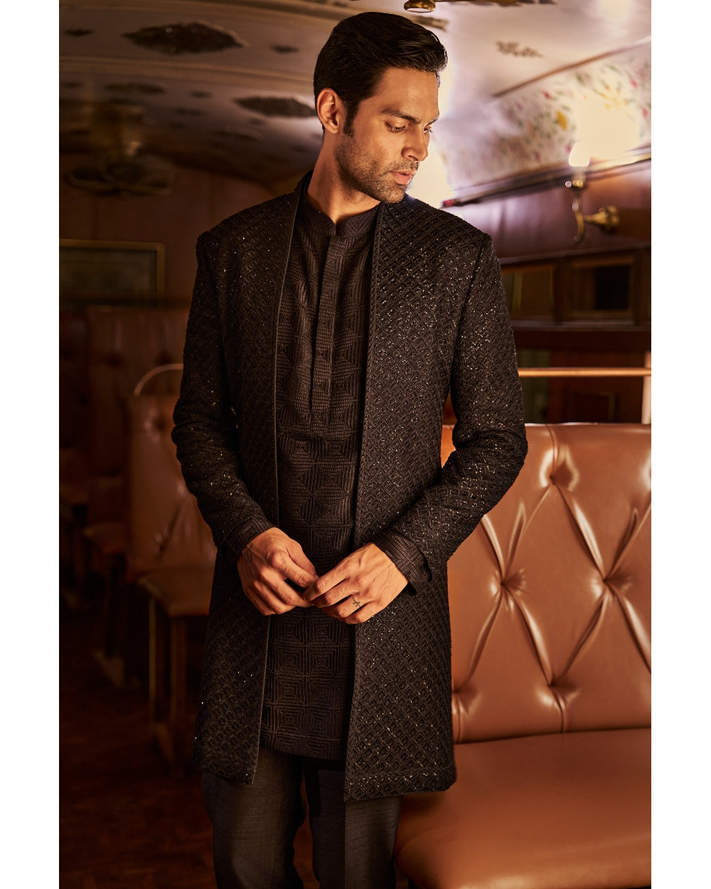 Navy Thread Work Open Sherwani Set