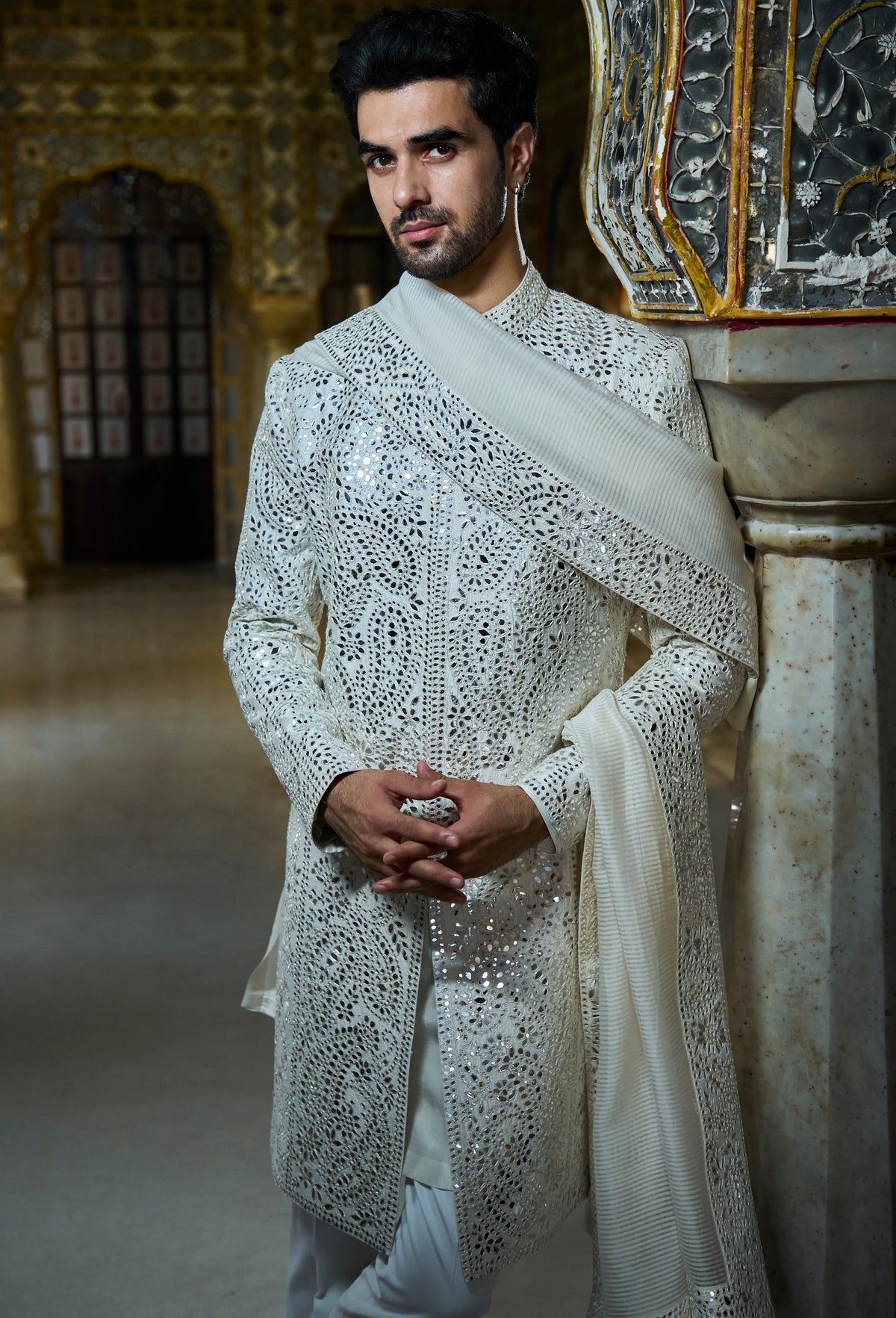 Ivory Mirror Work Sherwani Set