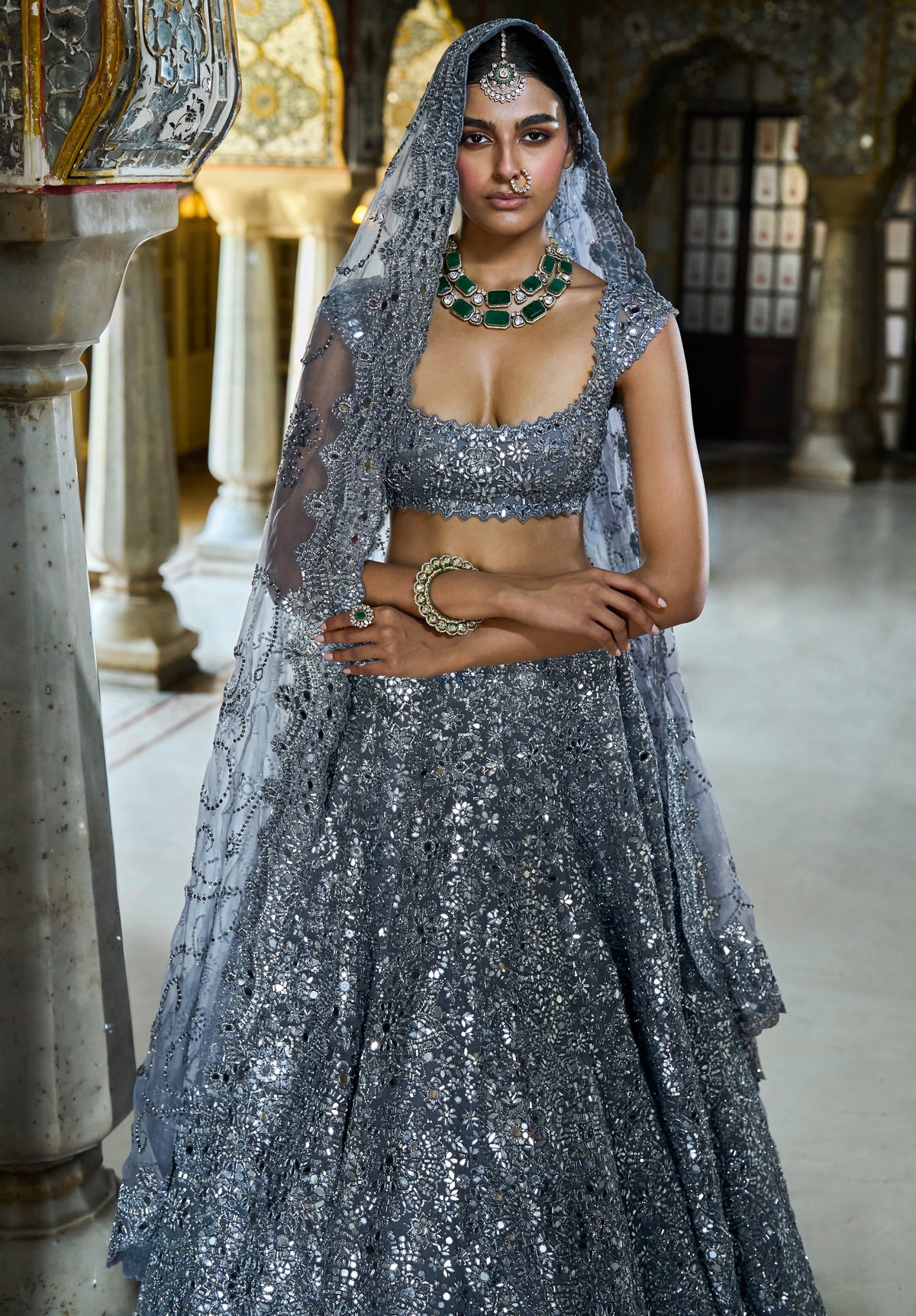 Steel Grey Mirror Work Lehenga Set