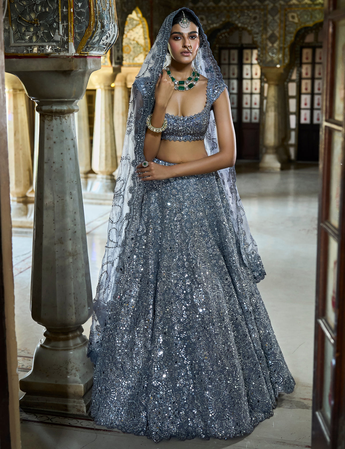 Steel Grey Mirror Work Lehenga Set