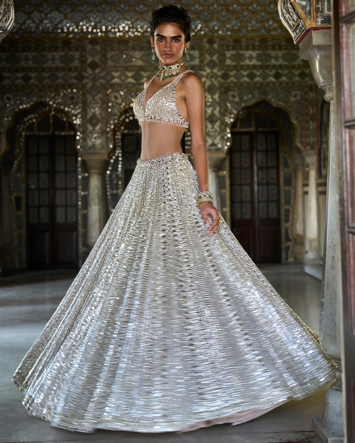 Champagne Mirror Work Lehenga Set