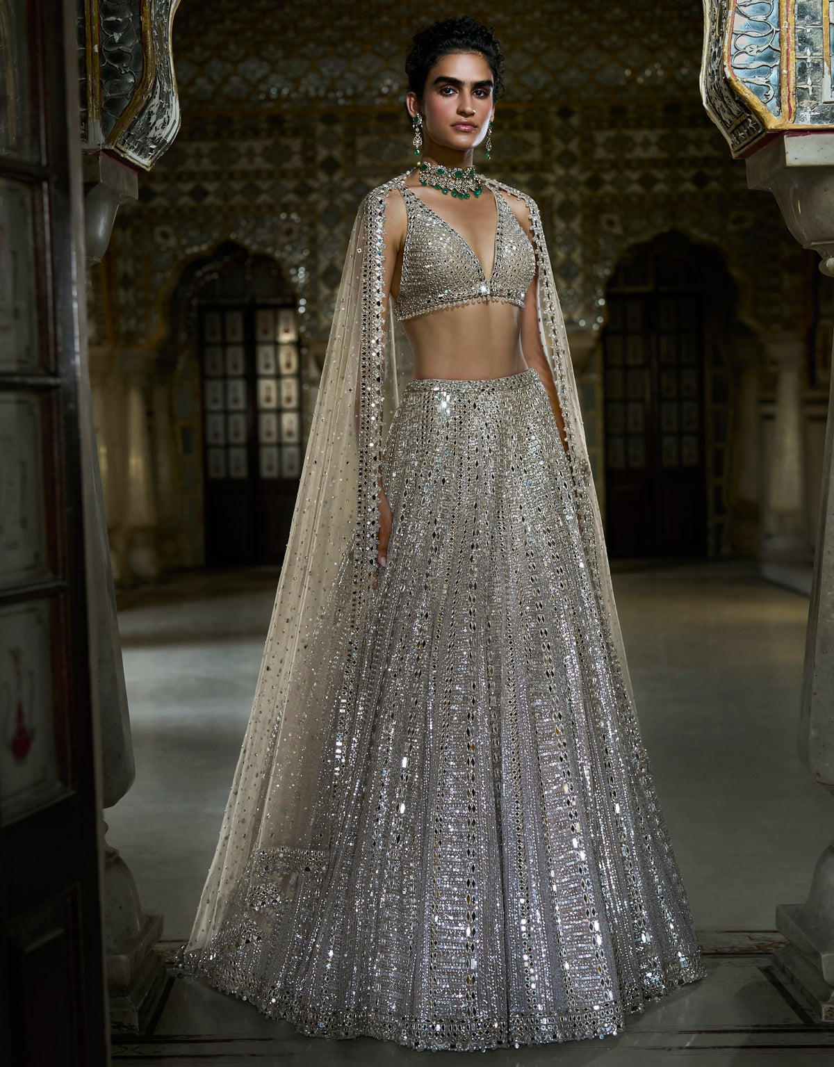 Champagne Mirror Work Lehenga Set