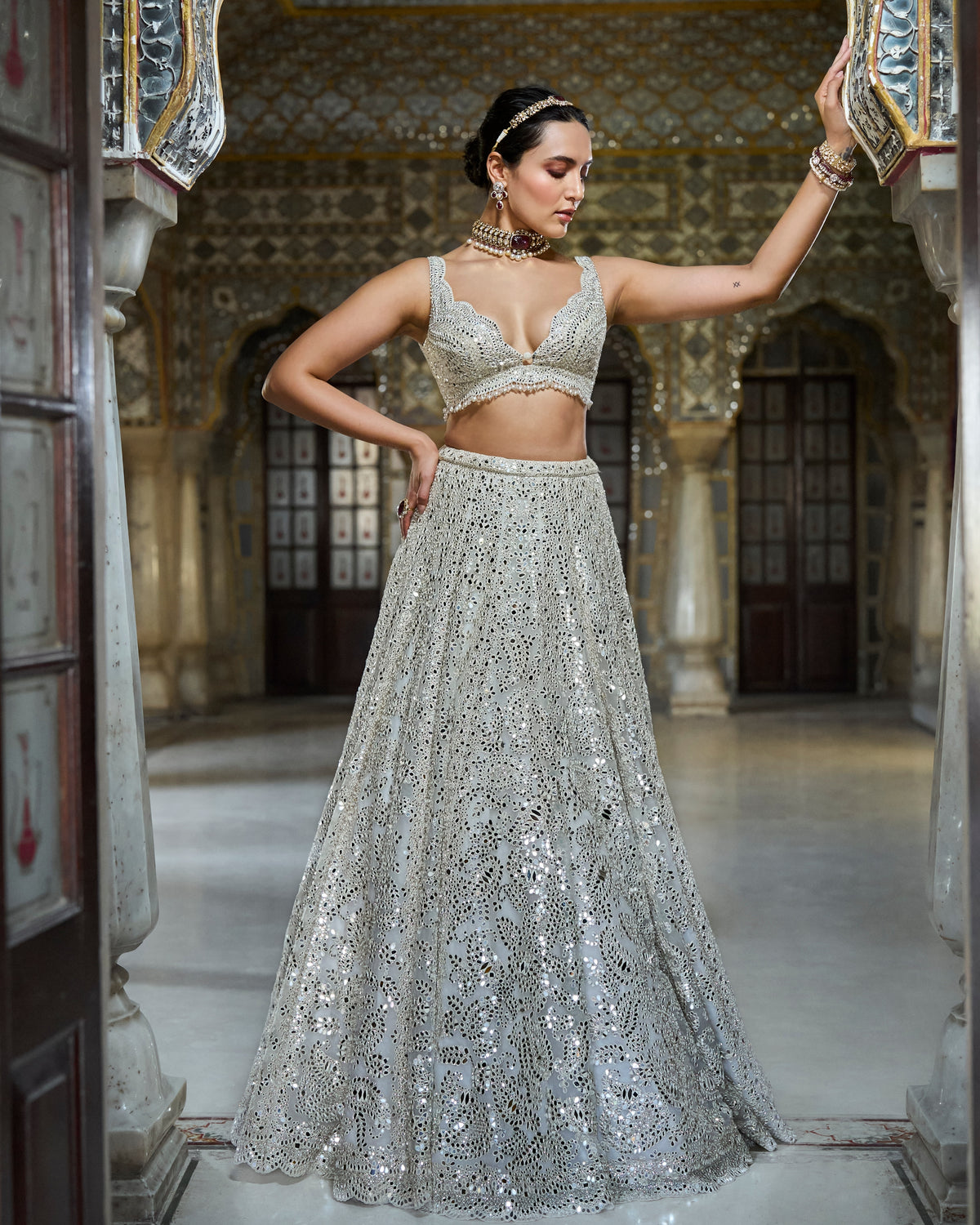 Ivory Mirror Work Lehenga Set