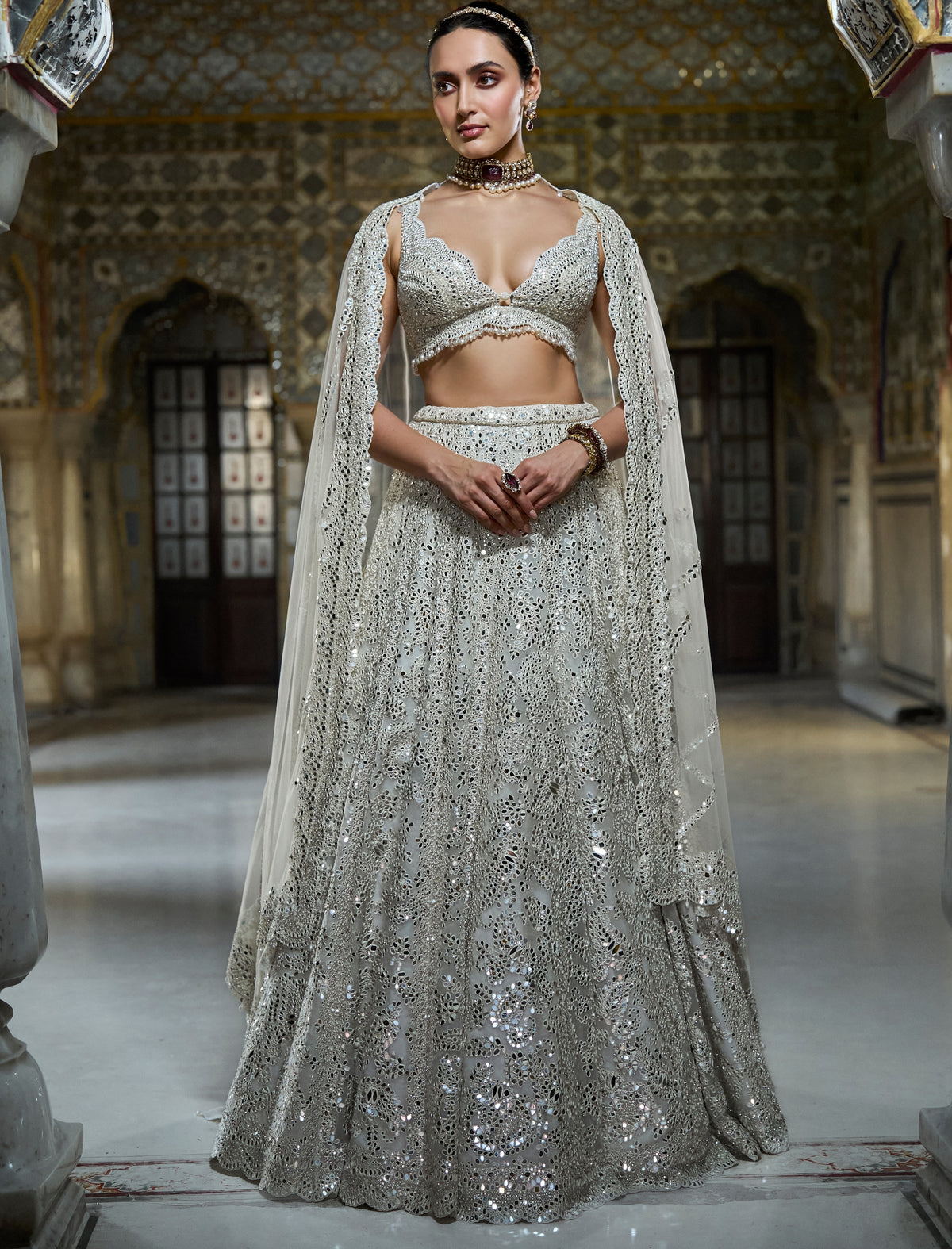 Ivory Mirror Work Lehenga Set