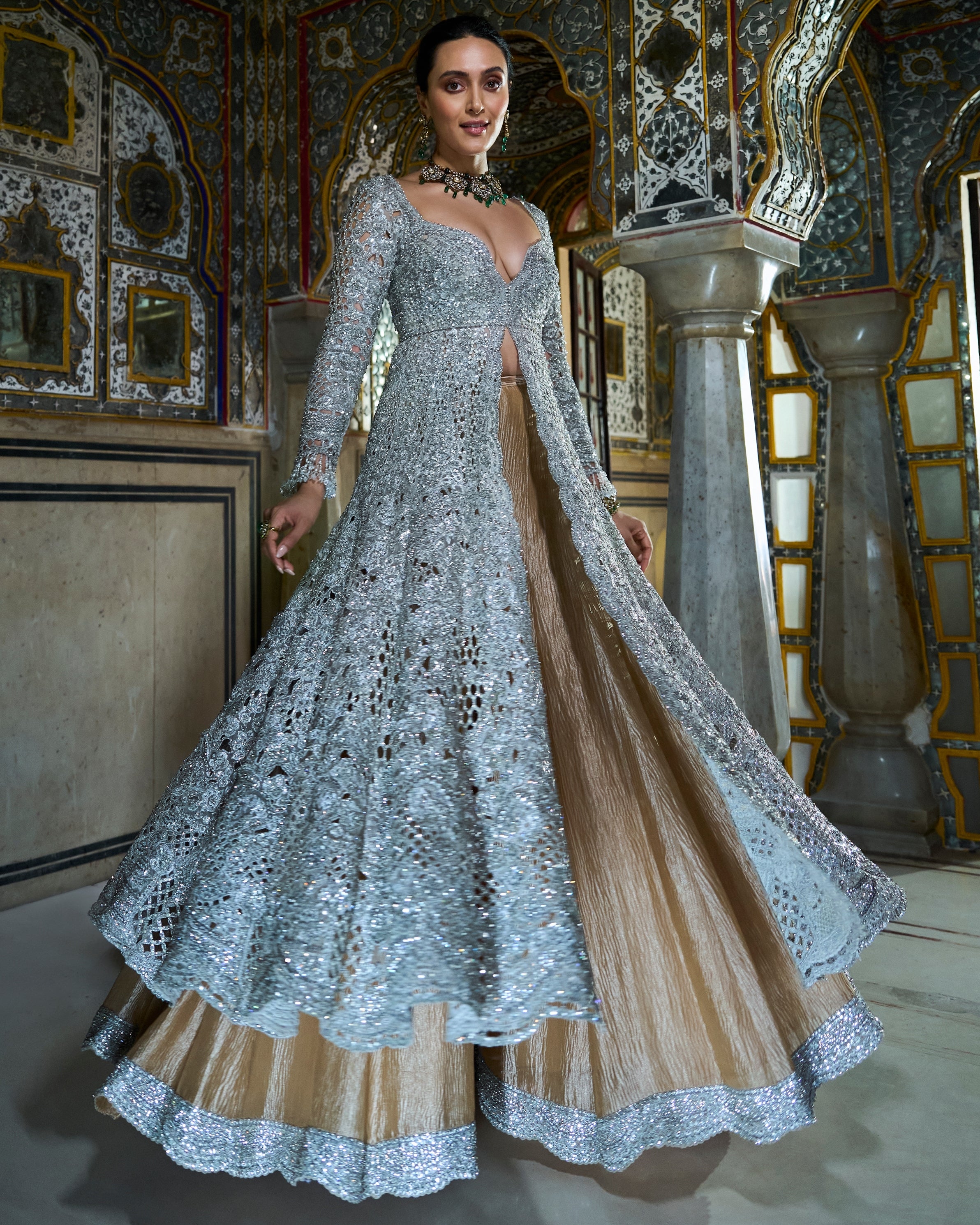 Silver Cut Work Jacket Sharara Set