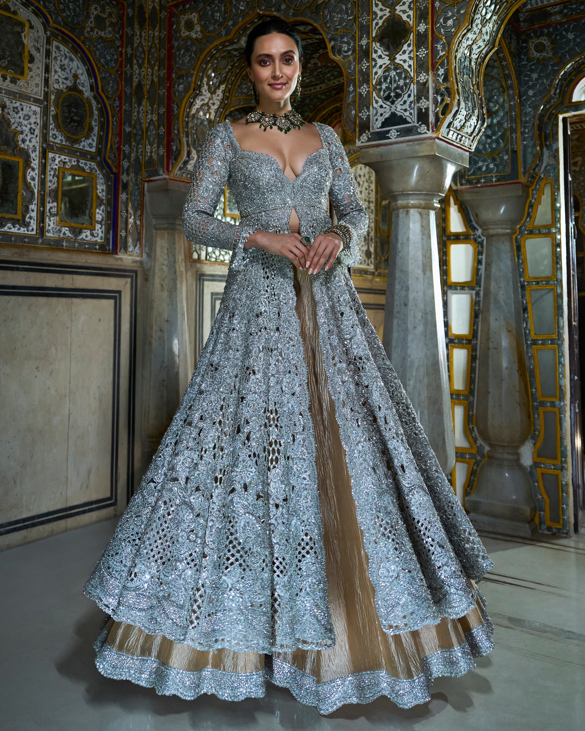 Silver Cut Work Jacket Sharara Set