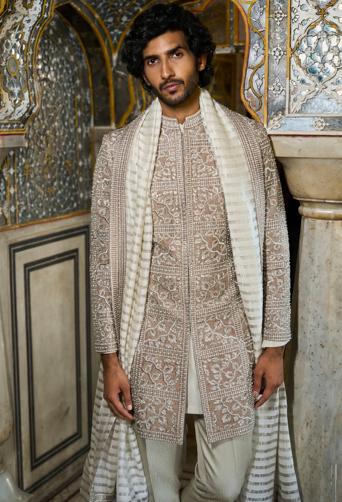 Silver Geometric Sherwani Set