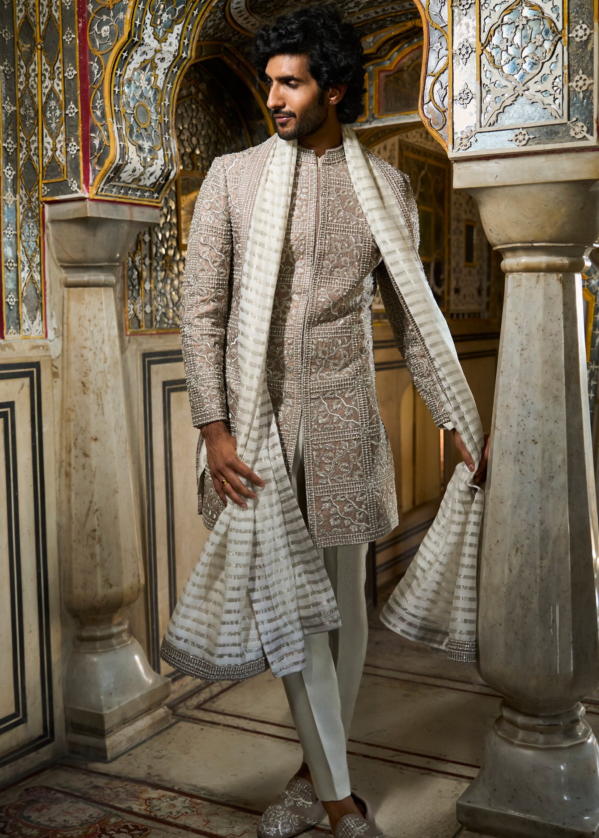 Silver Geometric Sherwani Set