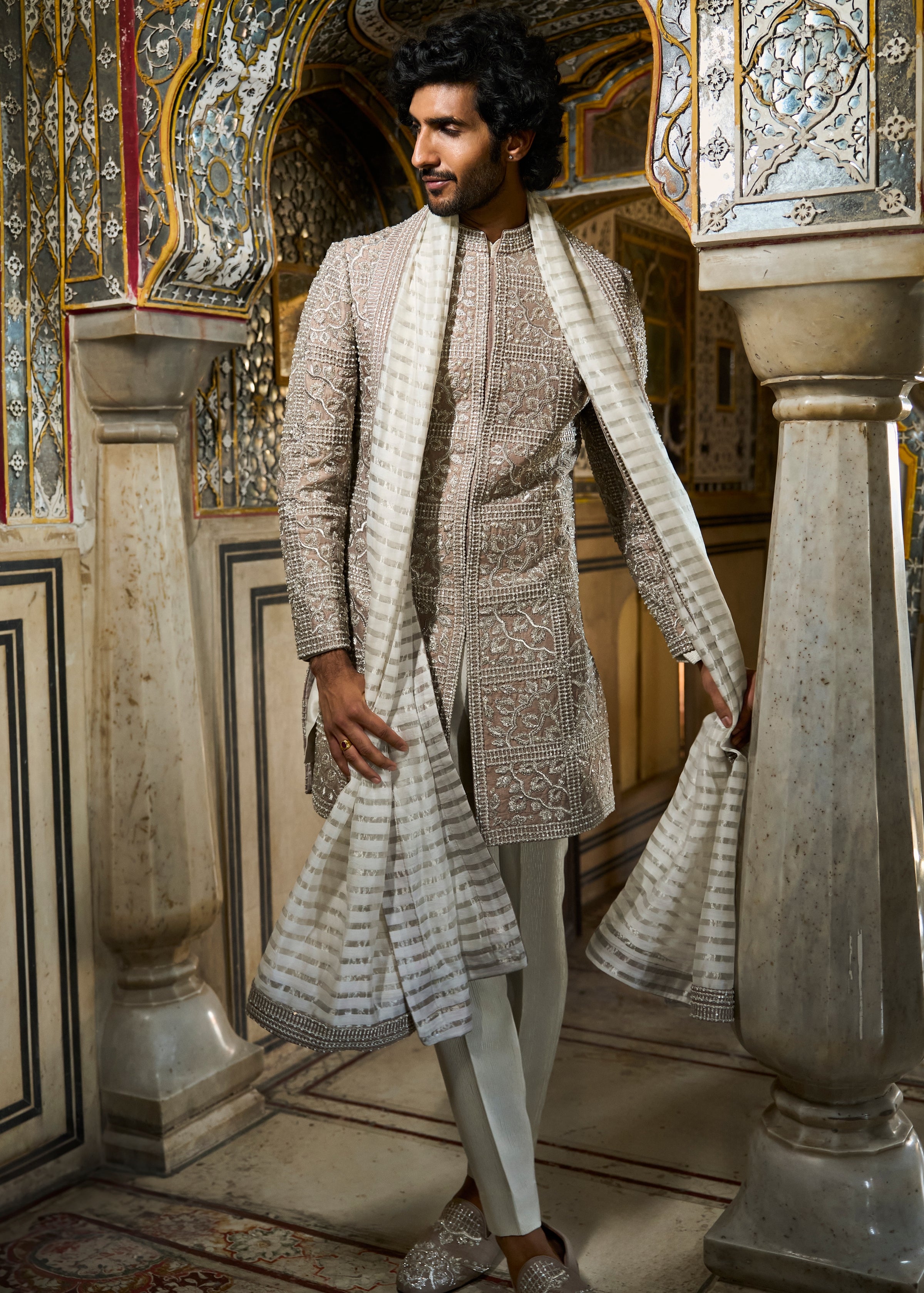 Silver Geometric Sherwani Set