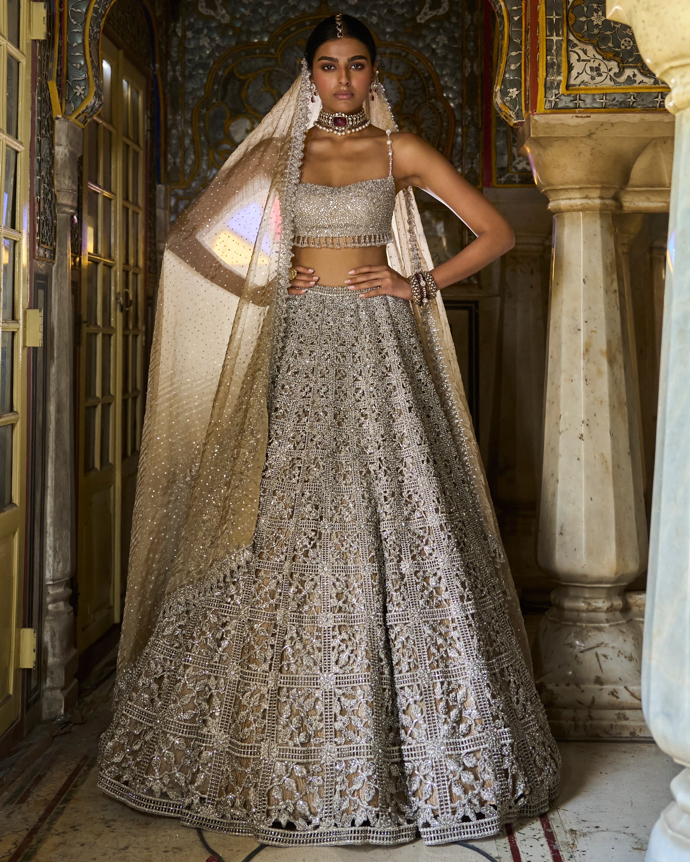 Silver Geometric Cut work Lehenga