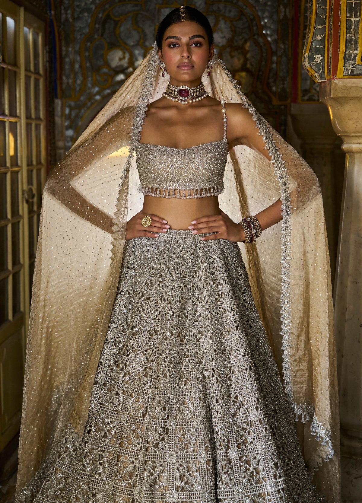 Silver Geometric Cut work Lehenga