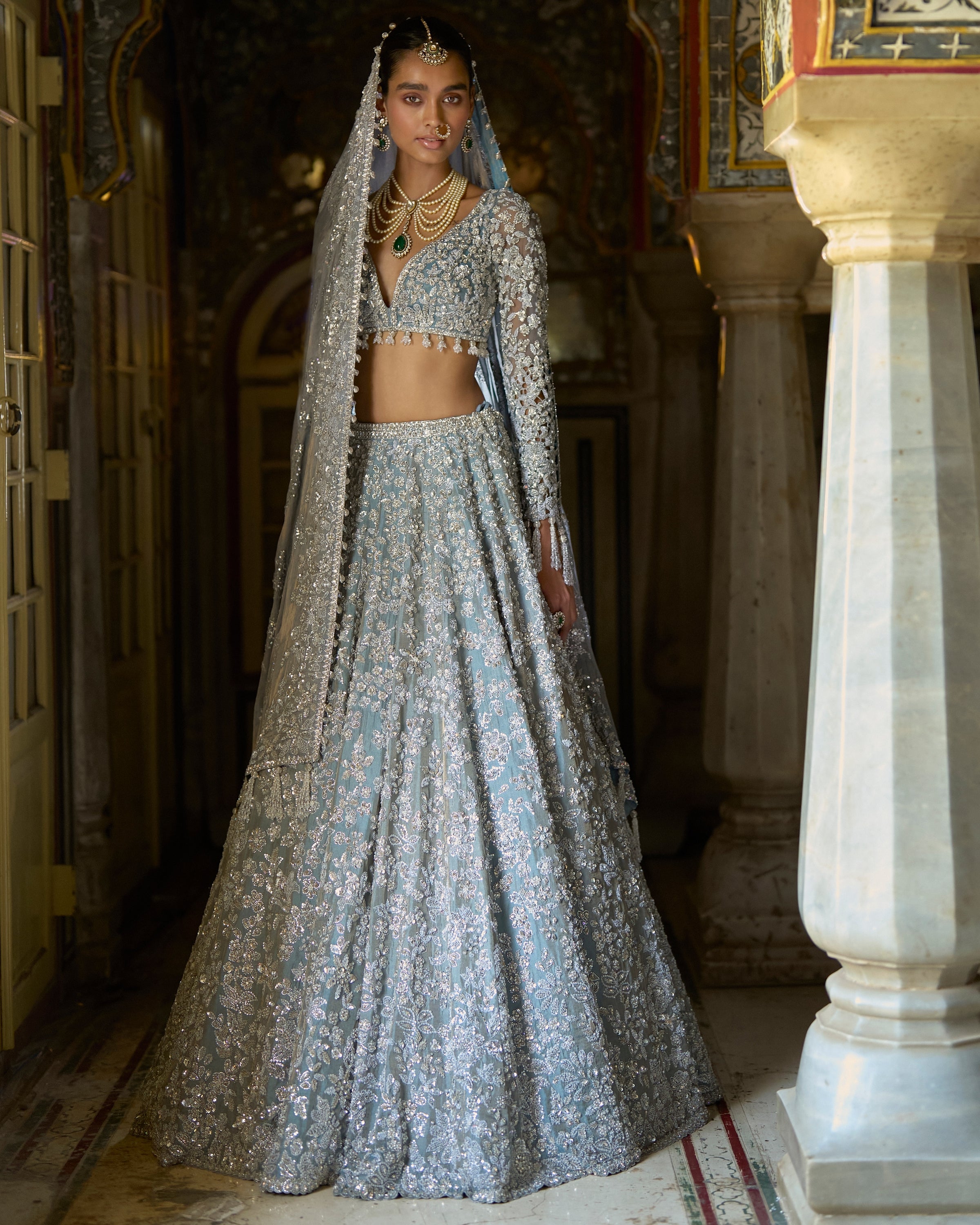 Ice Blue Tissue Lehenga Set