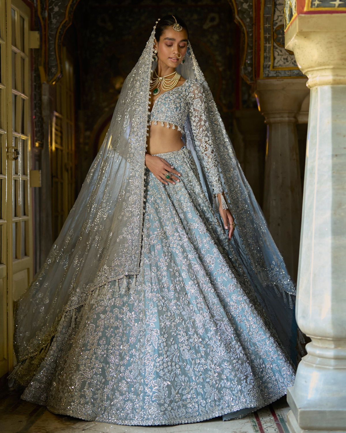 Ice Blue Tissue Lehenga Set