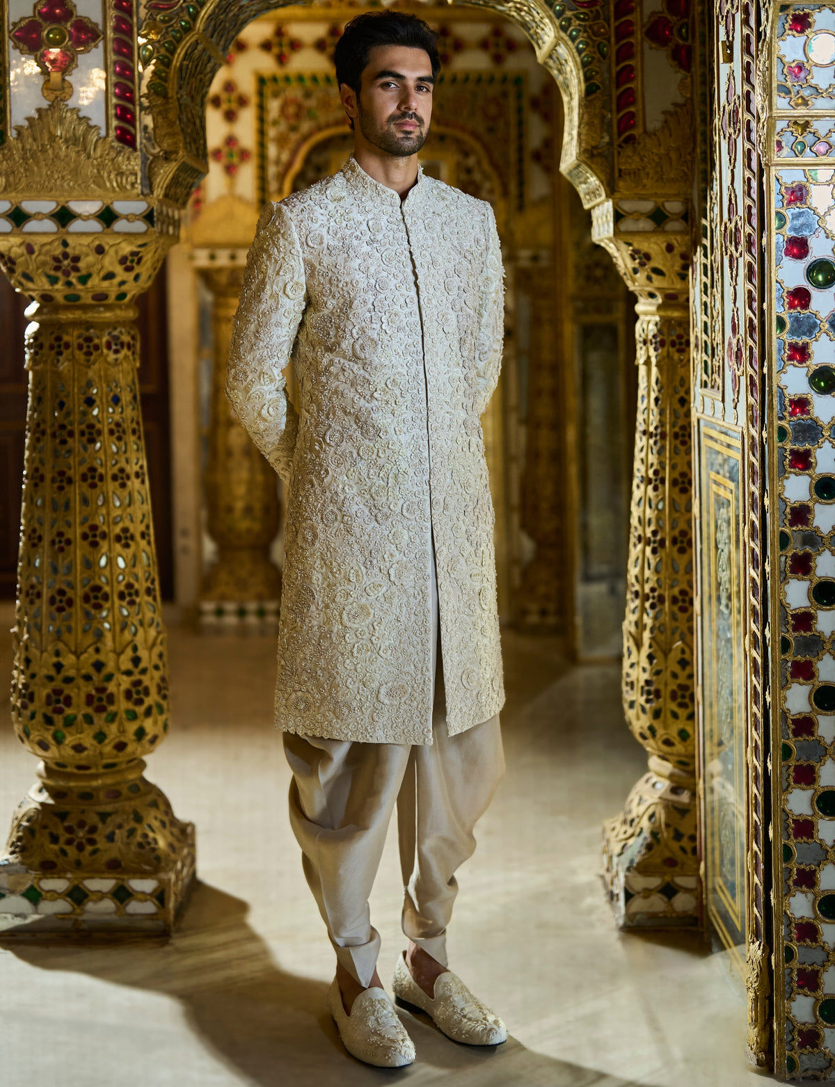 Vinatge Ivory Three-Dimensional Sherwani Set