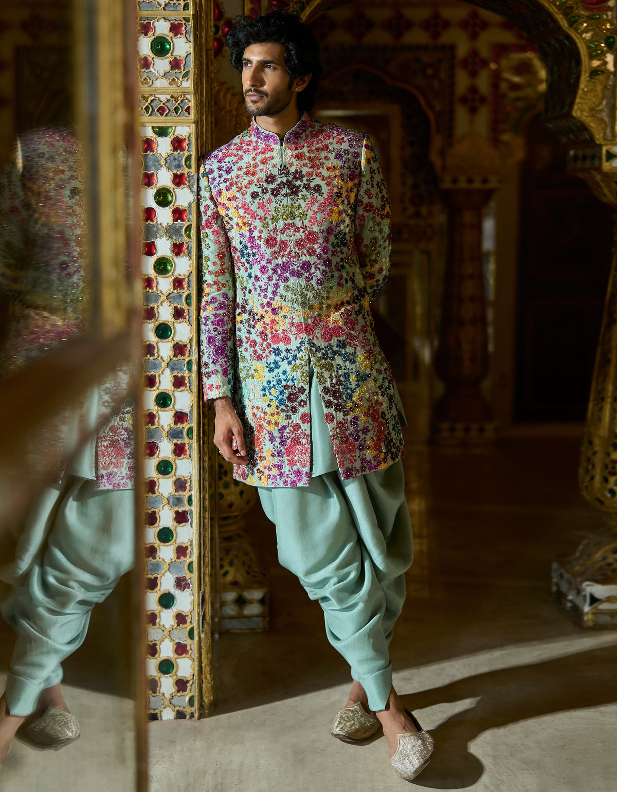 Sage Green Multi- Coloured Three-Dimenisonal Sherwani Set