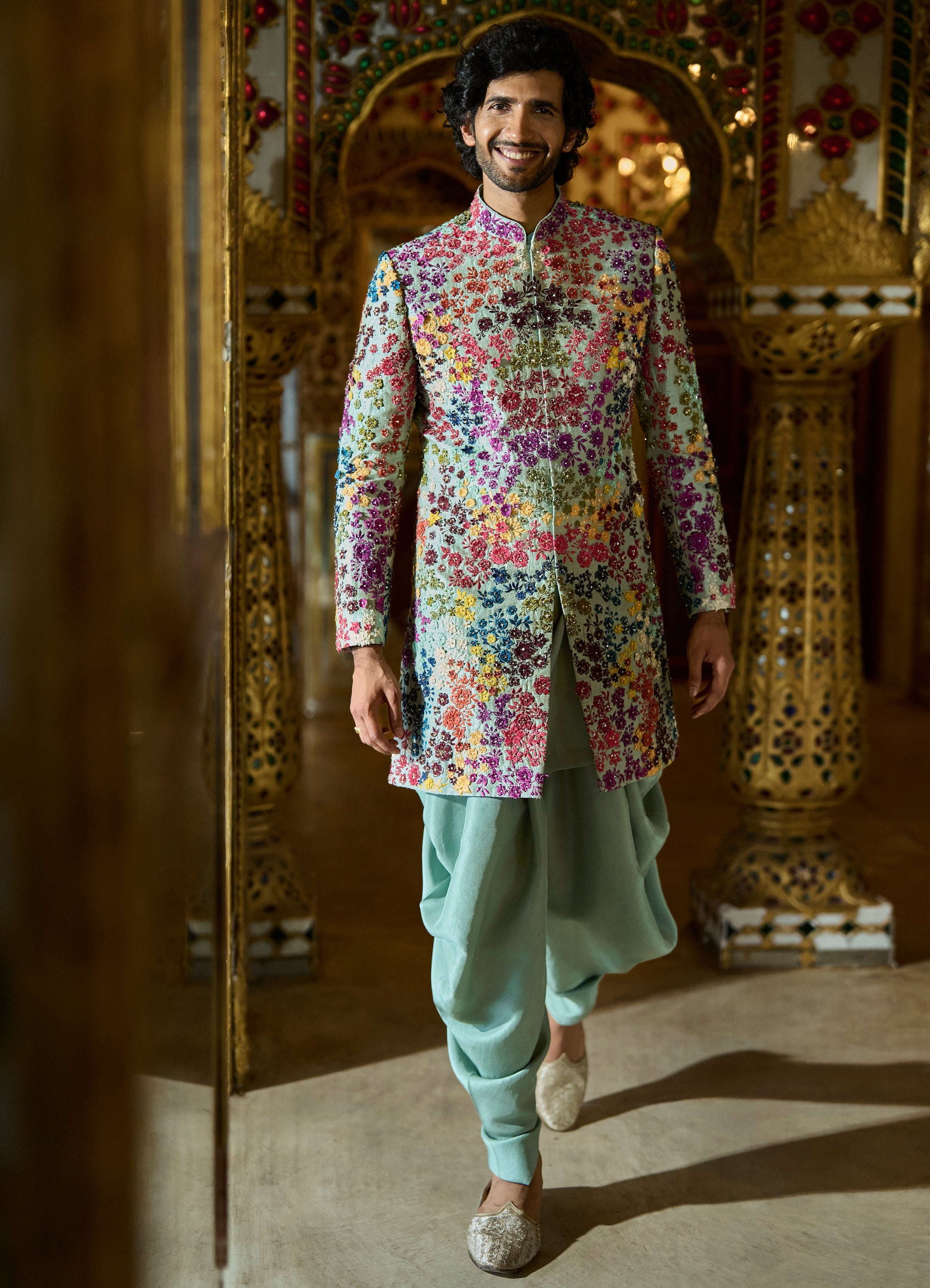 Sage Green Multi- Coloured Three-Dimenisonal Sherwani Set