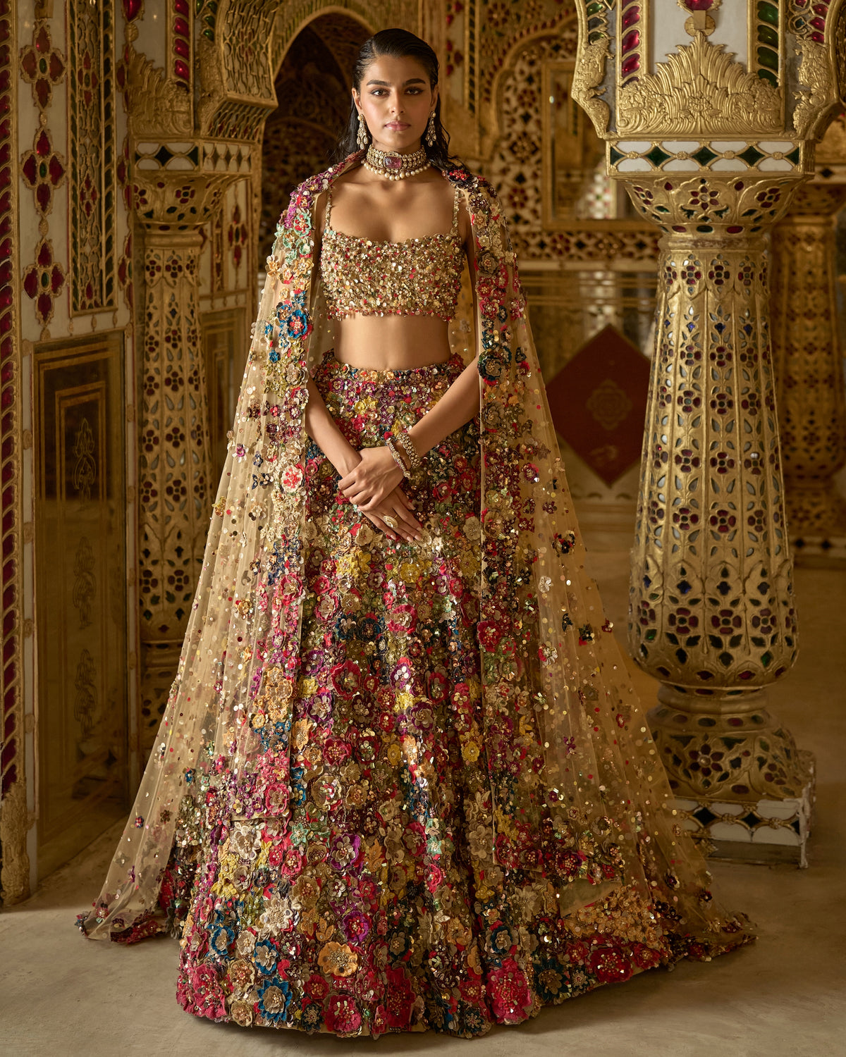 Multi-Coloured Three-Dimensional Floral Lehenga Set