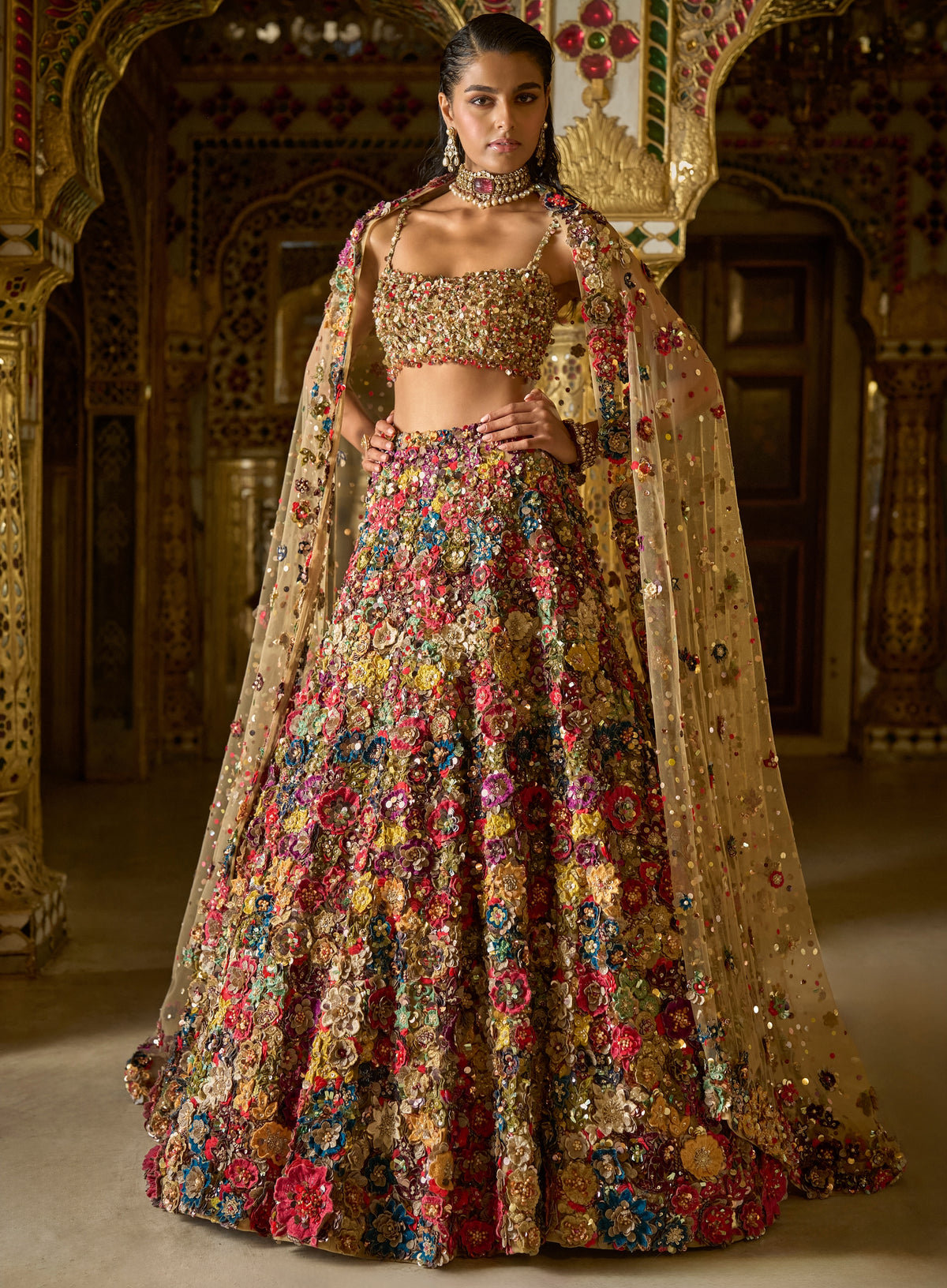 Multi-Coloured Three-Dimensional Floral Lehenga Set