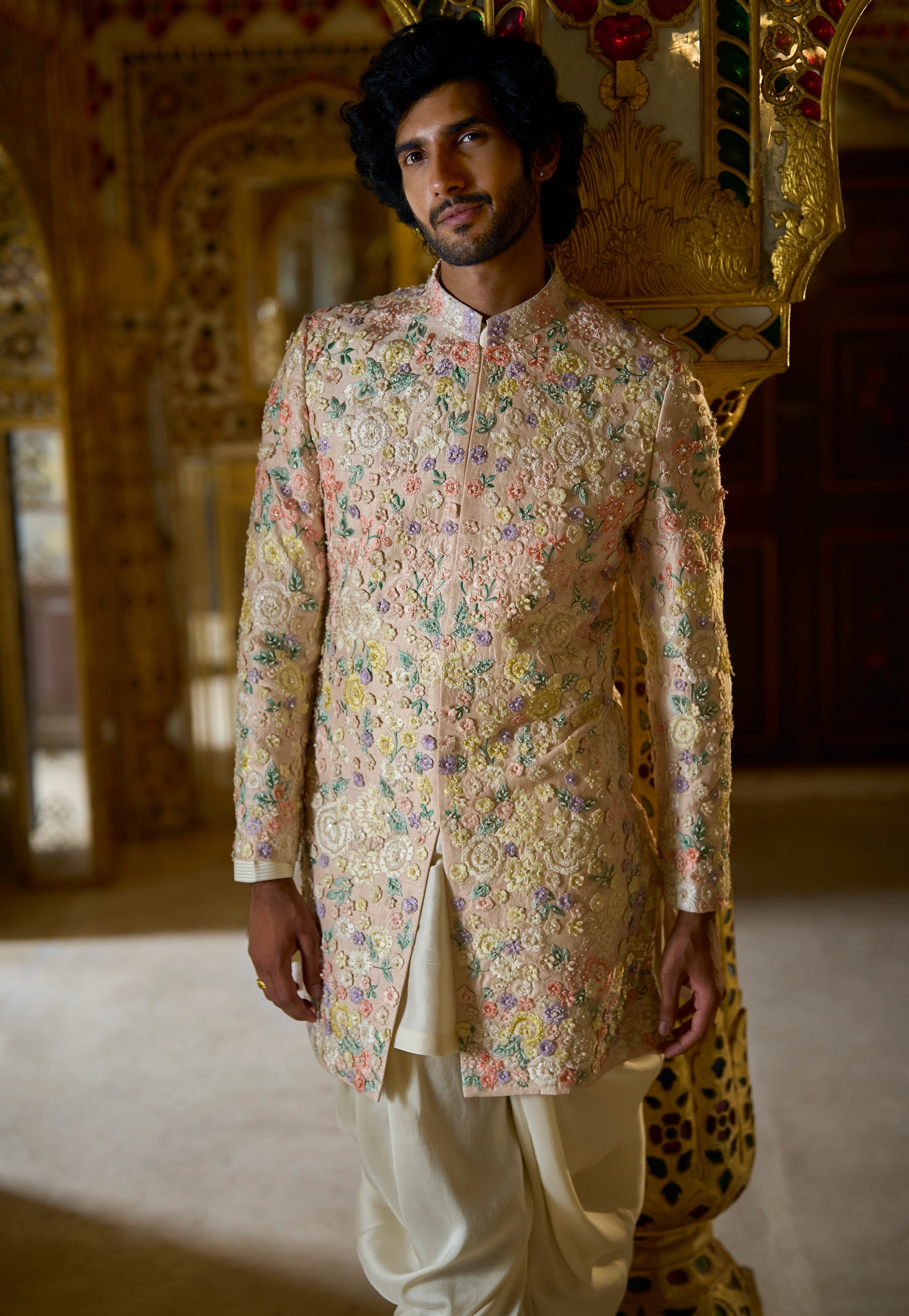 Cream Multi-Coloured Three- Dimensional Sherwani Set